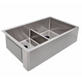 33-inch stainless steel farmhouse sink with apron front, double bowl, and low divide. Features a 1/2-inch radius corner design for a modern look.