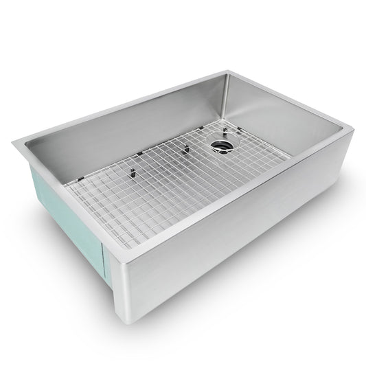 apron sink; offset drain; stainless steel sink; farmhouse sink; seamless drain; 