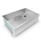 33" classic basin style farmhouse sink with a protective grate and seamless drain