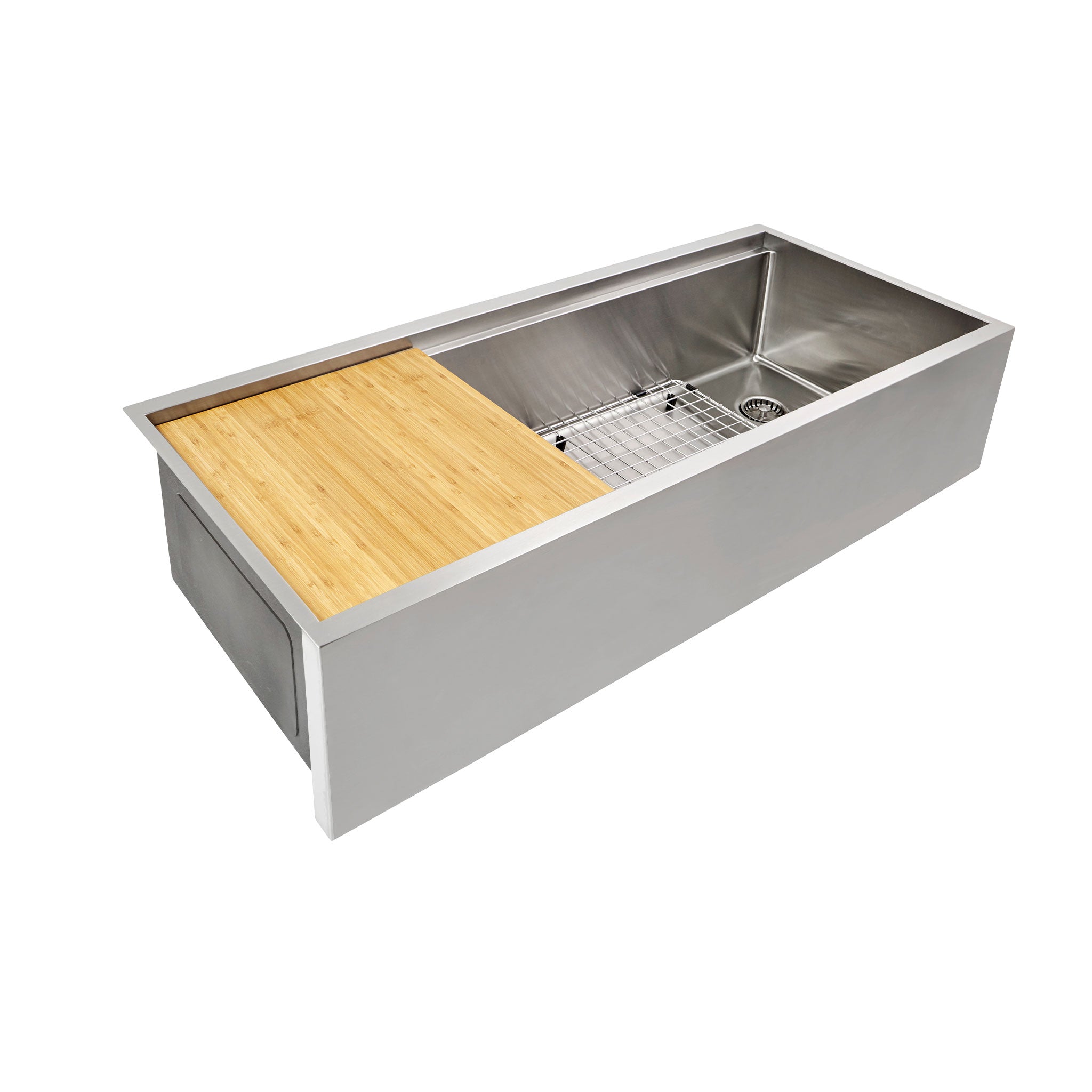 16 gauge stainless steel apron front farmhouse 46” workstation sink with offset drain on the right and Create Good Sinks seamless drain design