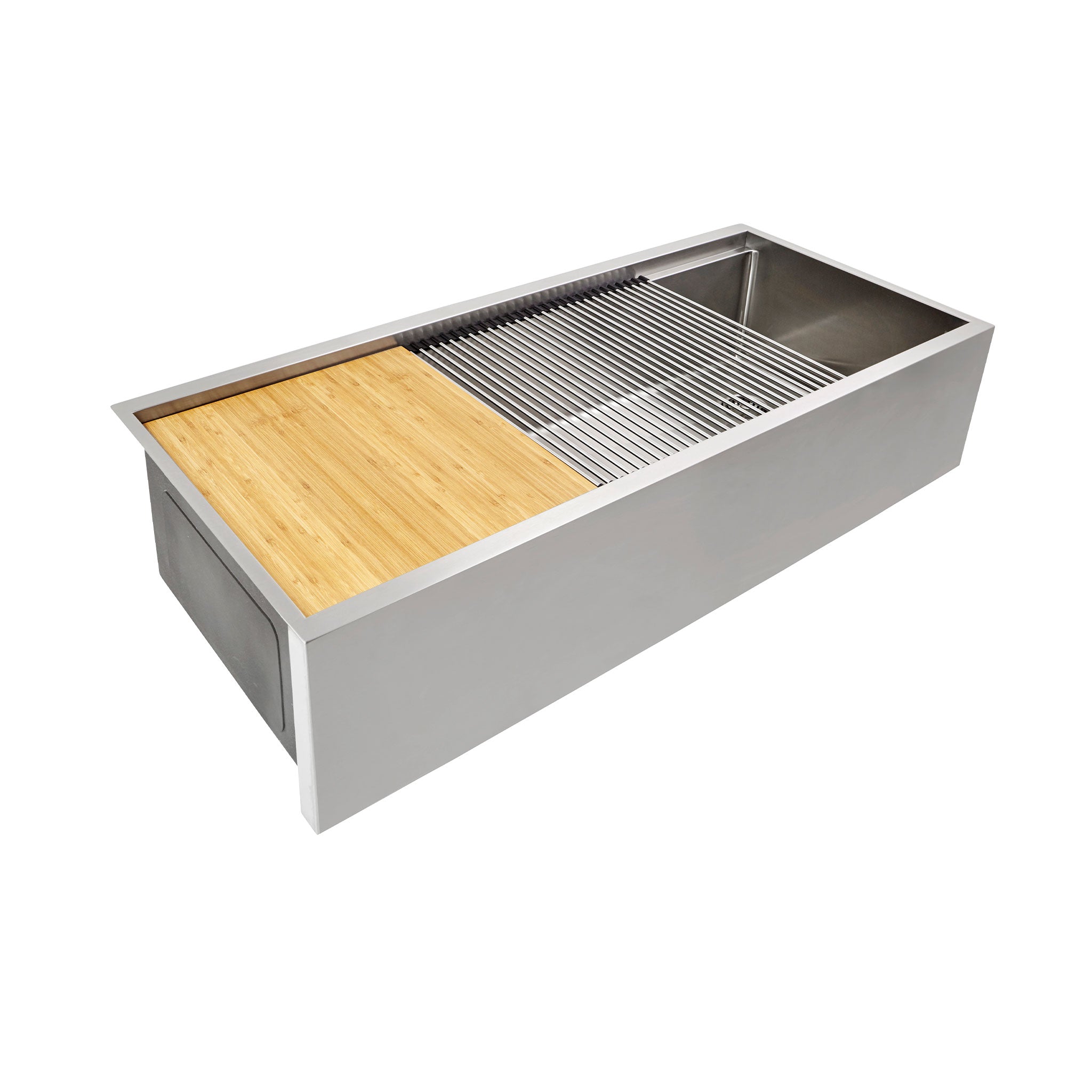 Bamboo Accessories and Stainless Steel Roll mat in a large single basin 46” workstation farmhouse sink from Create Good Sinks