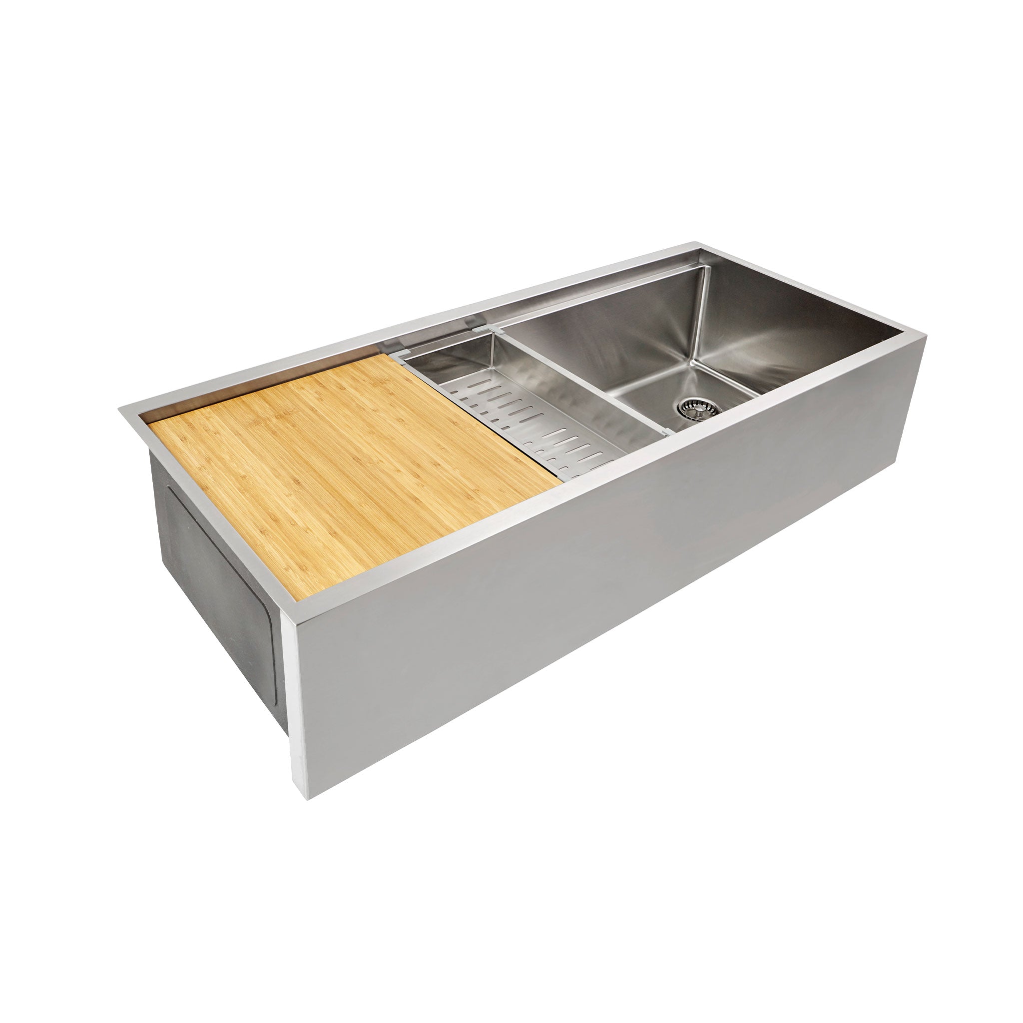 The patented seamless drain design from Create Good Sinks in a single basin farmhouse style 46” kitchen sink