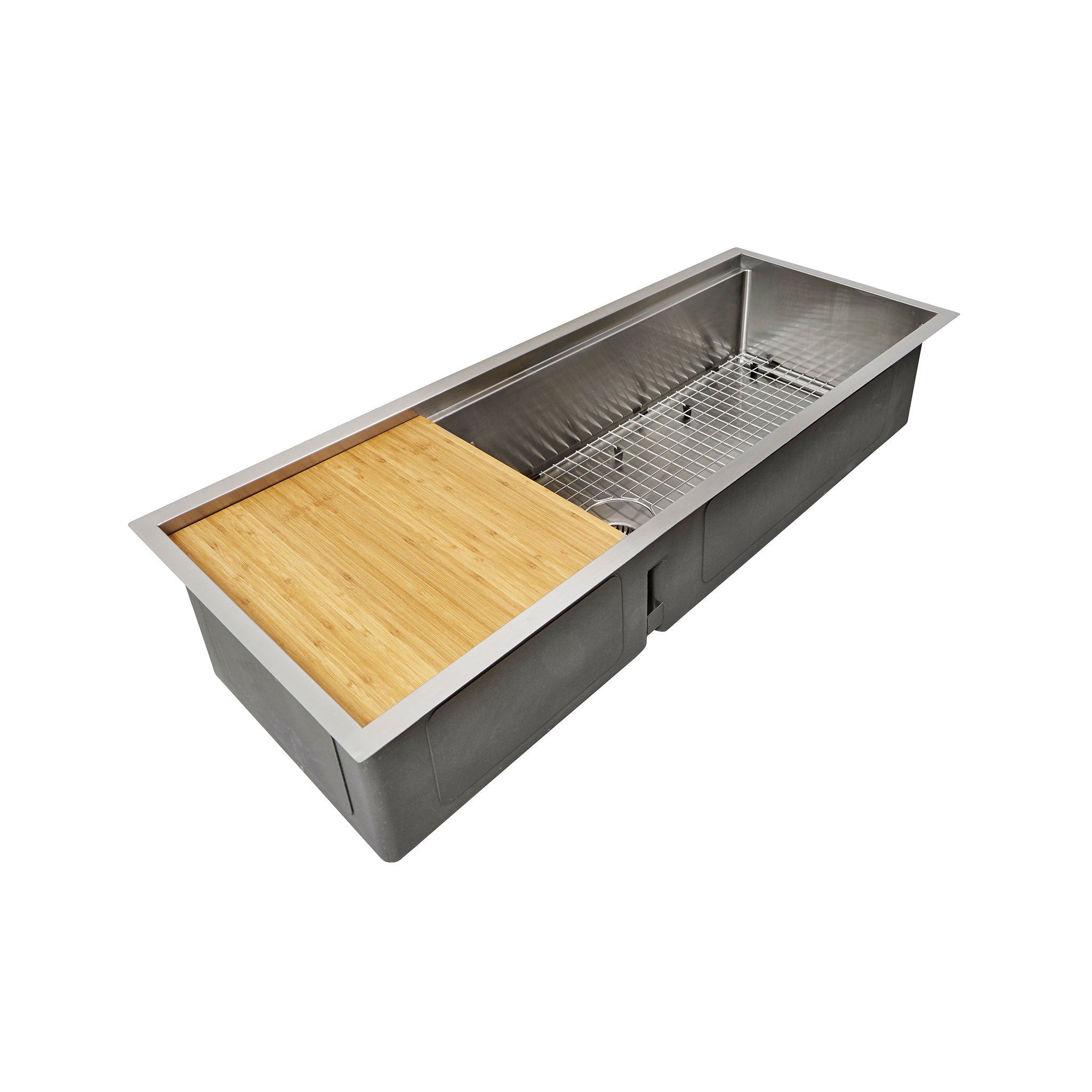 Create Good Sinks' double bowl workstation sink with basin grid and bamboo cutting board
