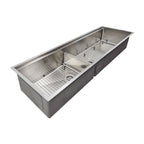 63-inch stainless steel double bowl workstation sink with protective bottom grids for enhanced durability and functionality.