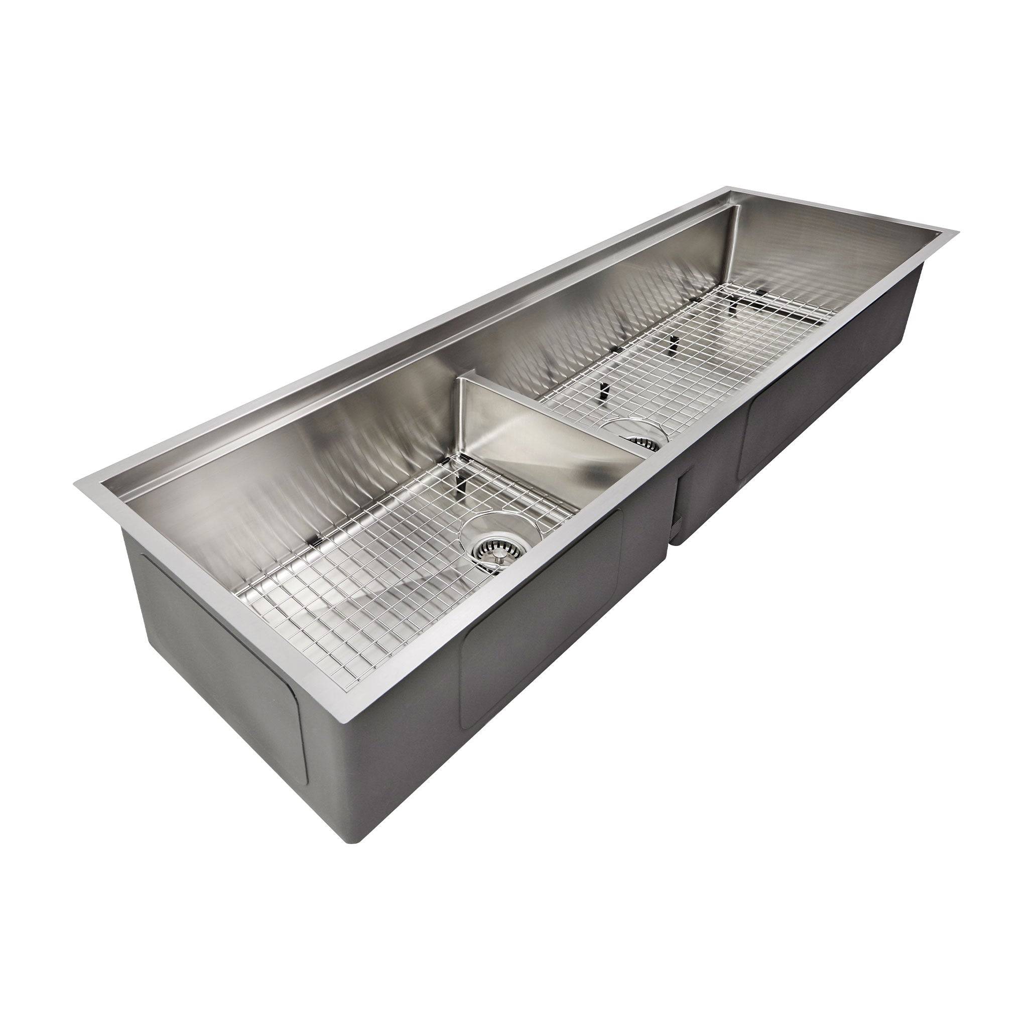63-inch stainless steel double bowl workstation sink with protective bottom grids for enhanced durability and functionality.