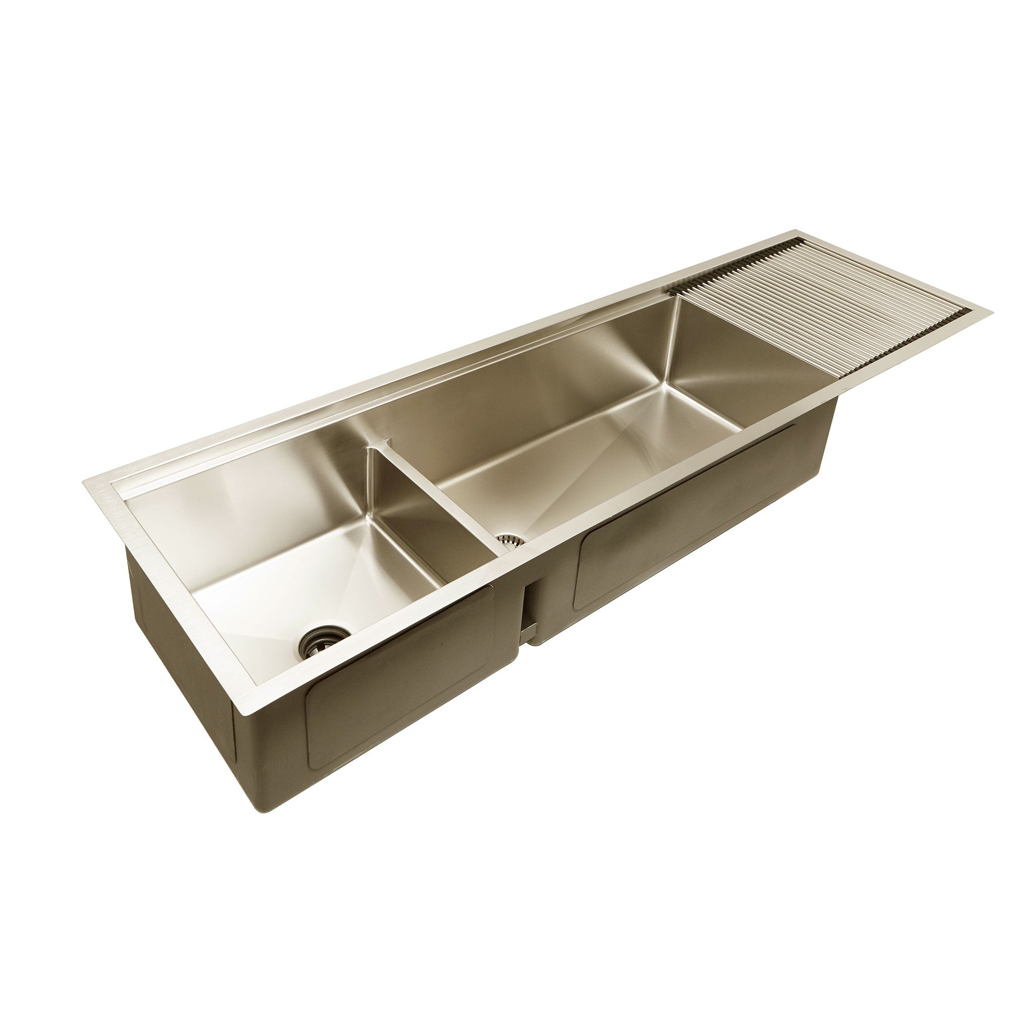 Dual basin workstation kitchen sink with stainless steel drainboard 68 inches in width