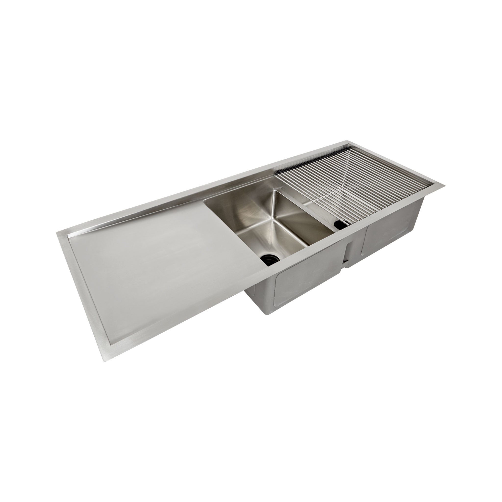 Custom accessories fitted to the workstation kitchen sink with drainboard and seamless drain
