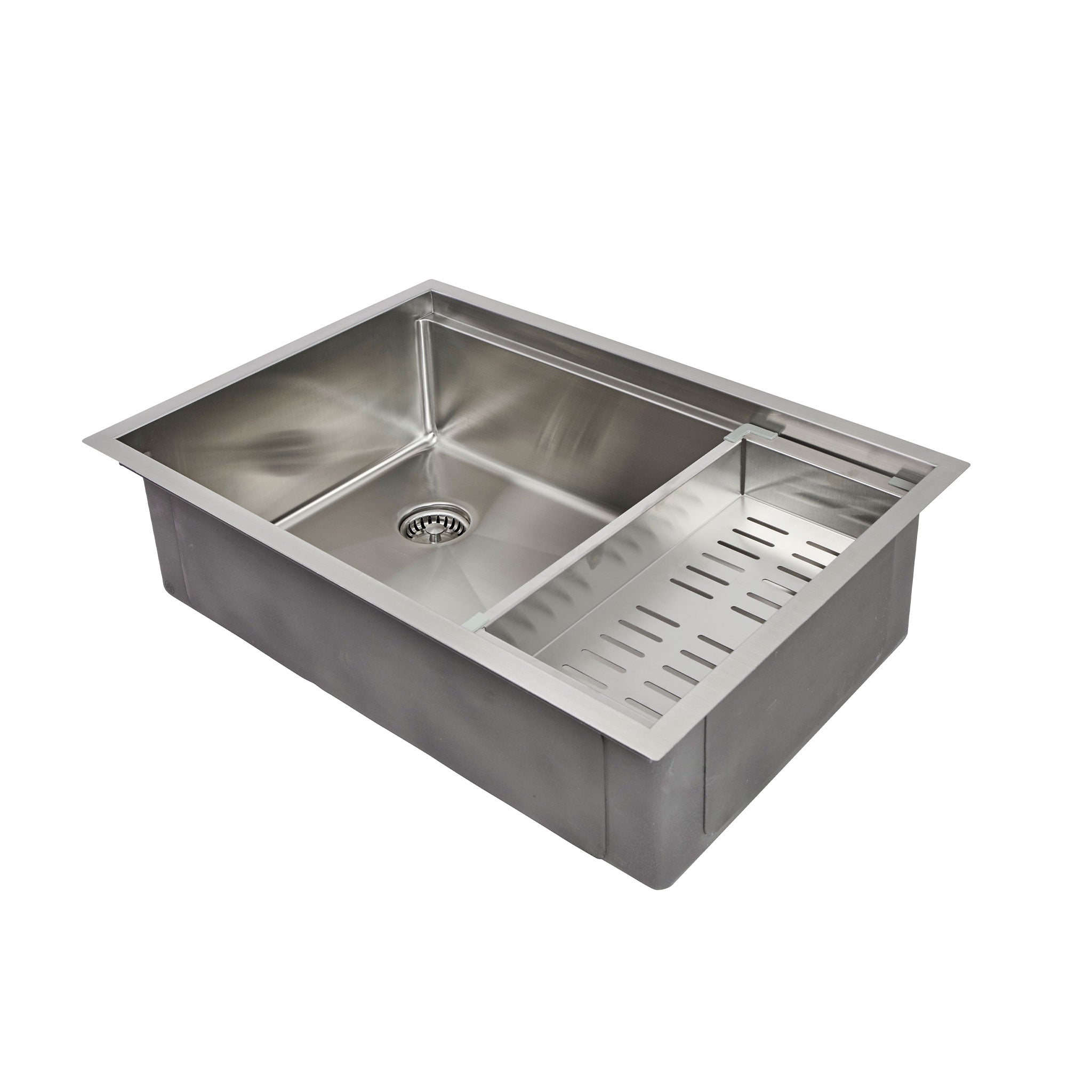 28 inch, workstation sink with offset drain to the left and a stainless colander.