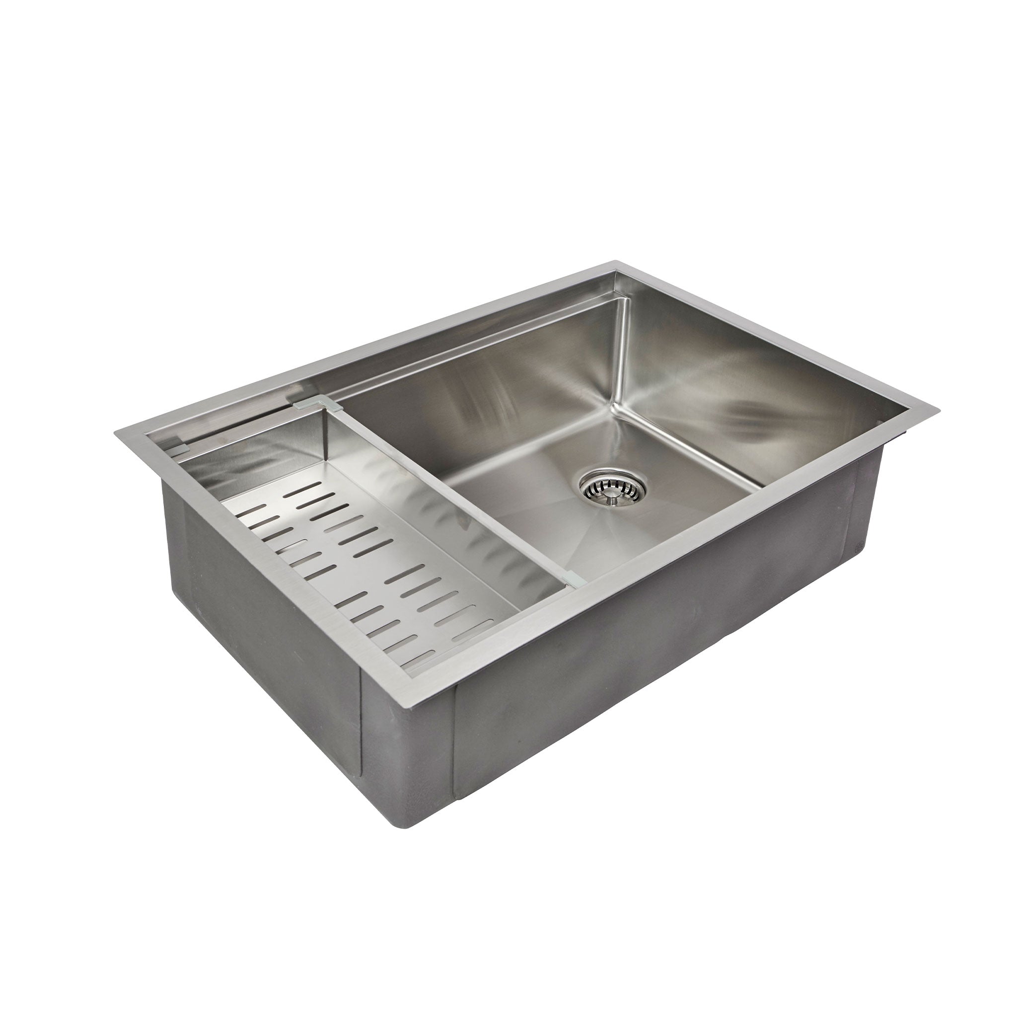 Create Good Sinks’ 28” workstation sink with the right, offset seamless drain and a stainless steel colander accessory.