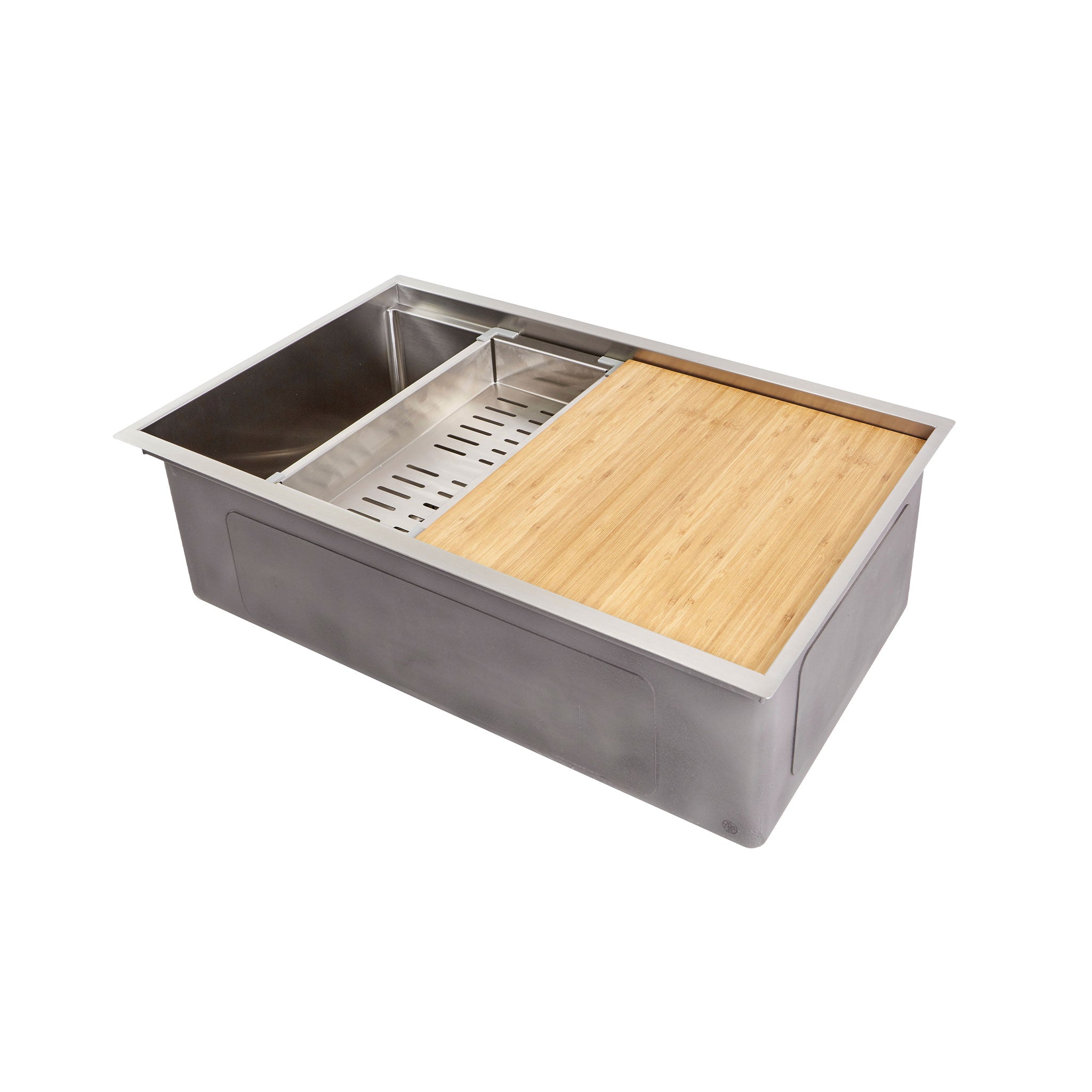 Bamboo cutting board and colander accessory for a Create Good workstation sink.
