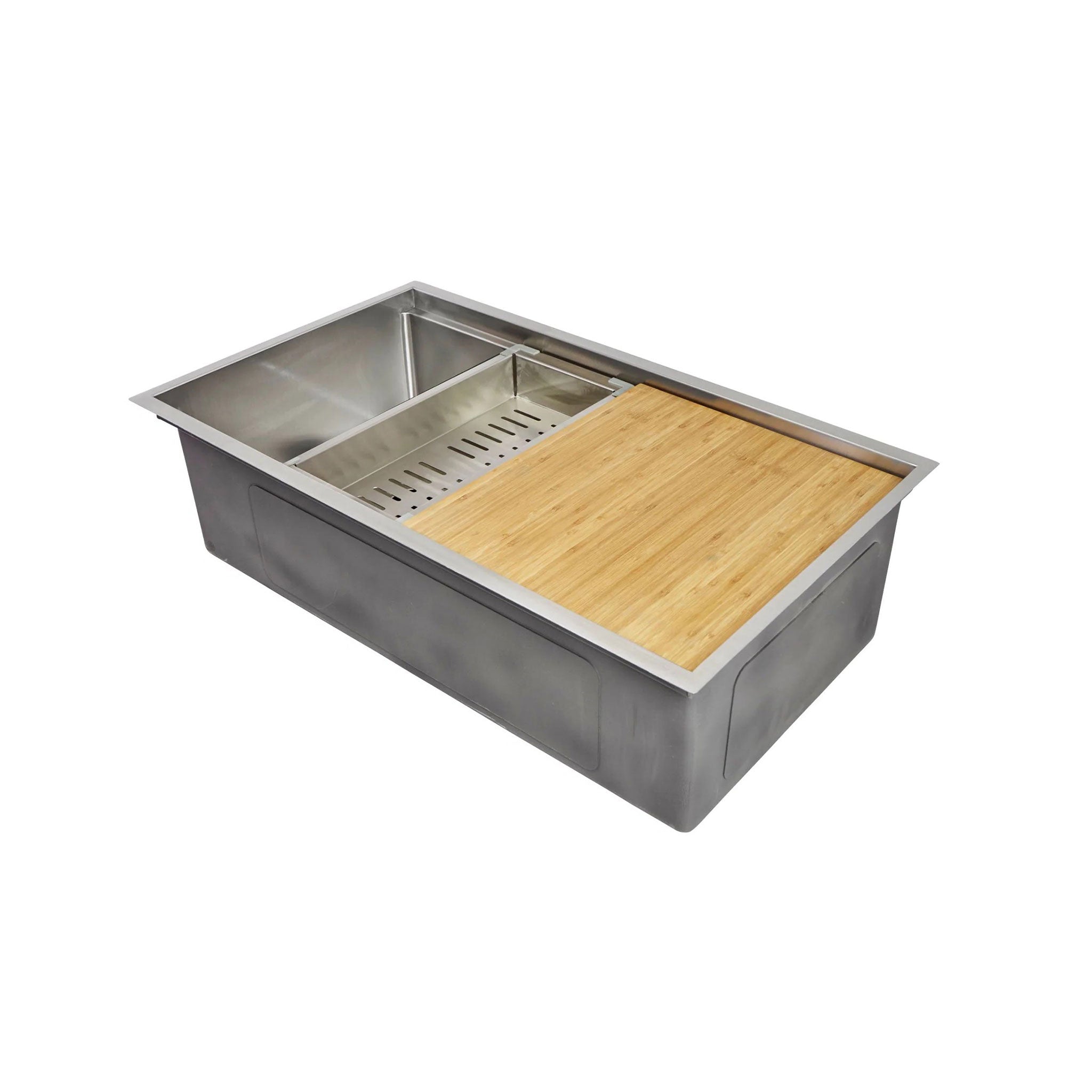 Multiple kitchen sink accessories in a 33 inch workstation kitchen sink