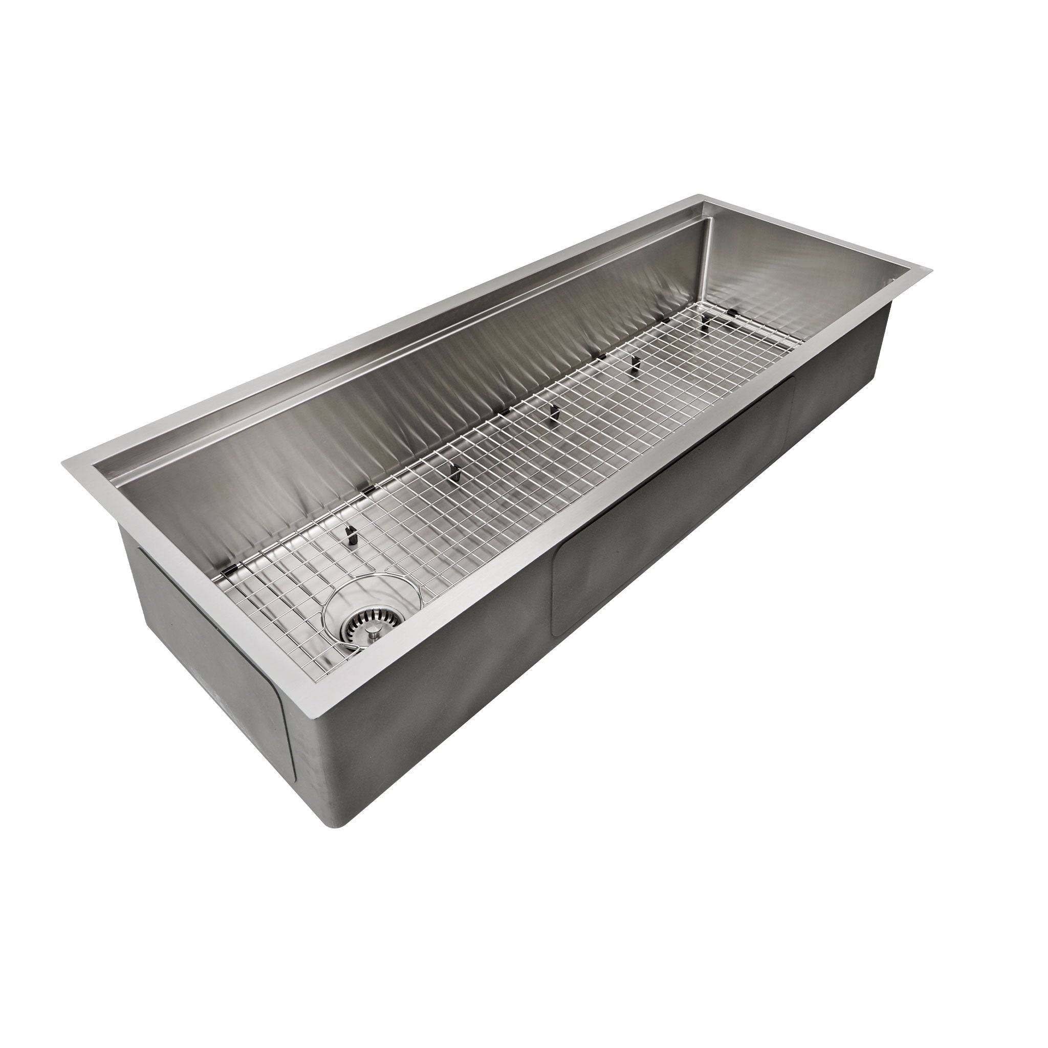 50-inch stainless steel workstation sink with protective bottom grid. Single bowl undermount design with a center drain for efficient water flow.