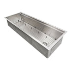 46-inch large workstation kitchen sink with a stainless steel grid and offset drain, designed for durability and efficient water drainage.