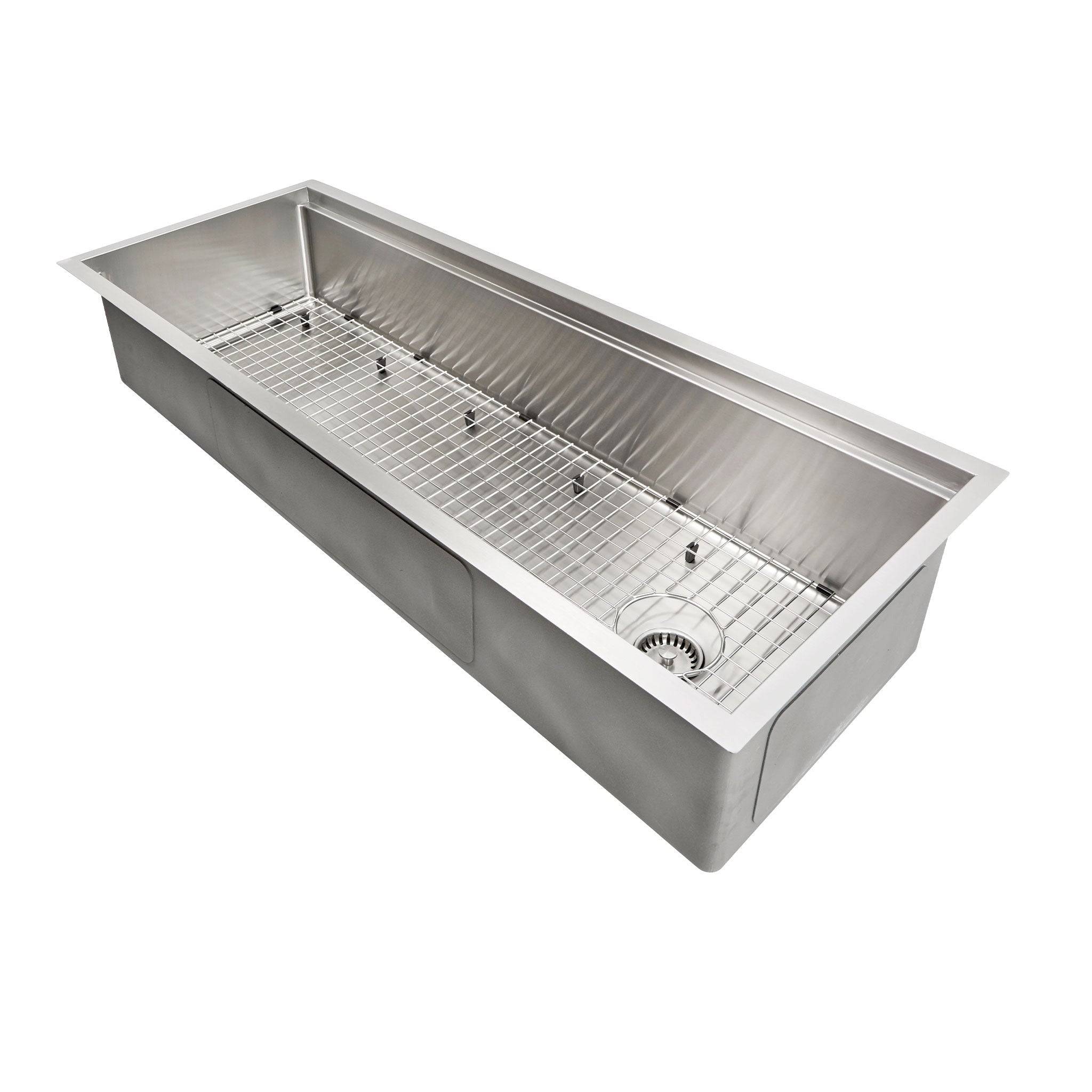 46-inch large workstation kitchen sink with a stainless steel grid and offset drain, designed for durability and efficient water drainage.