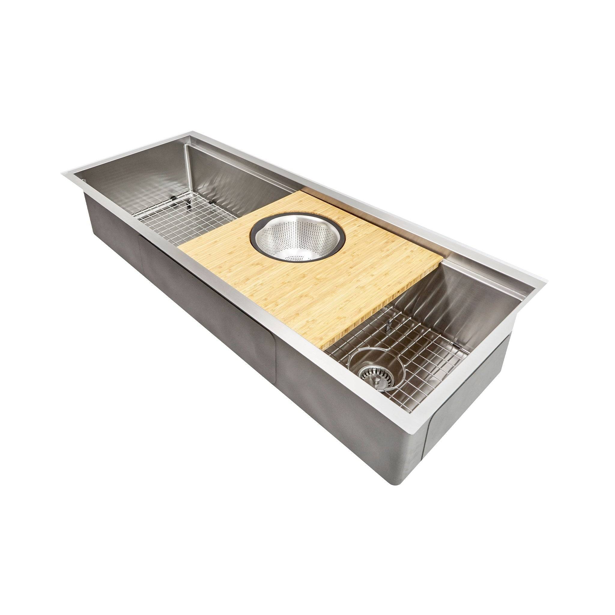 46-inch workstation kitchen sink with accessories, including a bamboo cutting board and stainless steel grid, enhancing functionality and style.