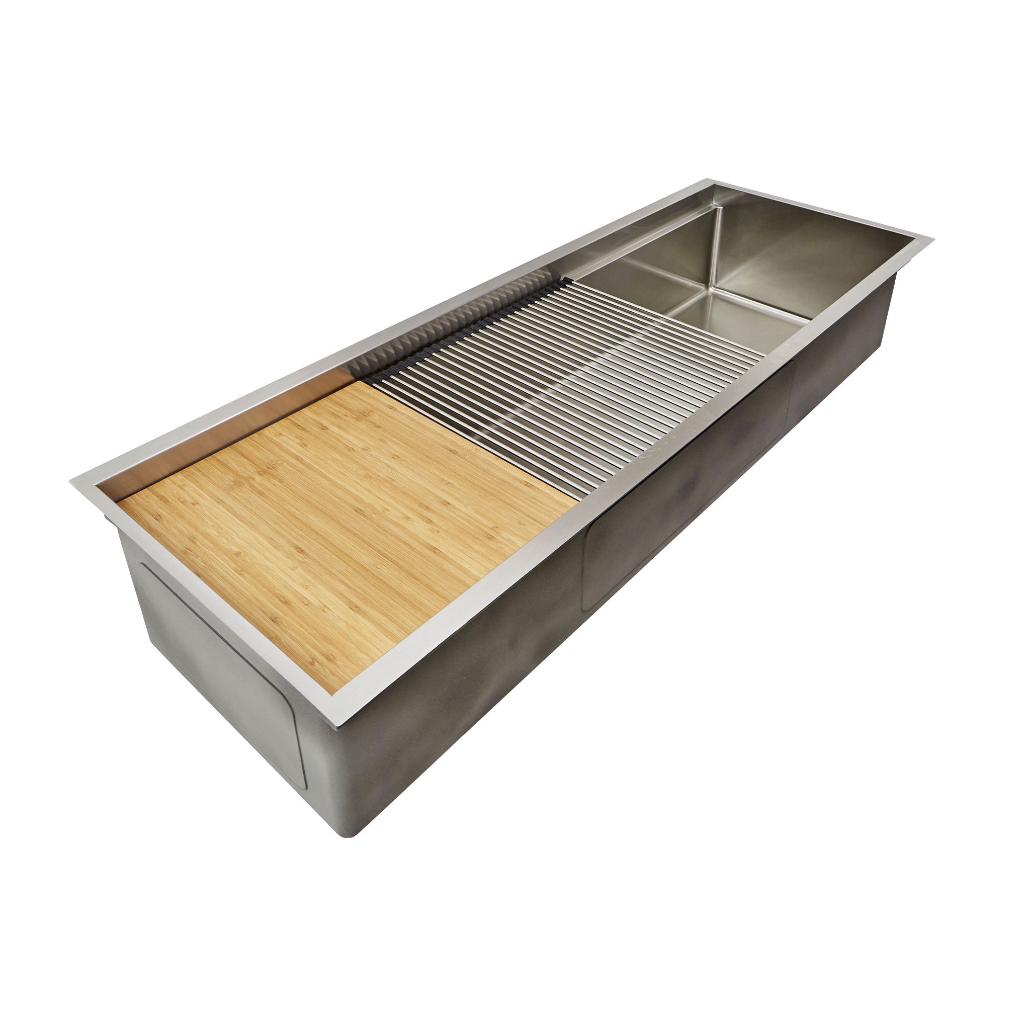 Oversized 56" Workstation Kitchen Sink in Stainless Steel That Can Hold Bamboo Cutting Board and Stainless Steel Rollmat