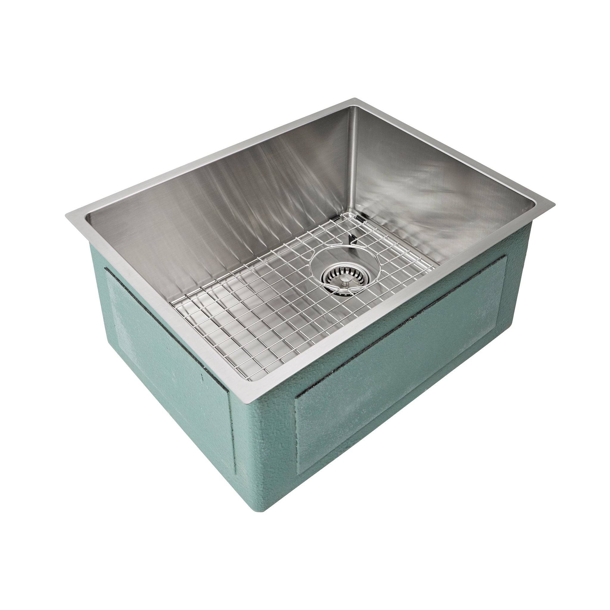 22-inch stainless steel undermount prep sink with protective grid. Features a single bowl design, right offset drain, and seamless construction.