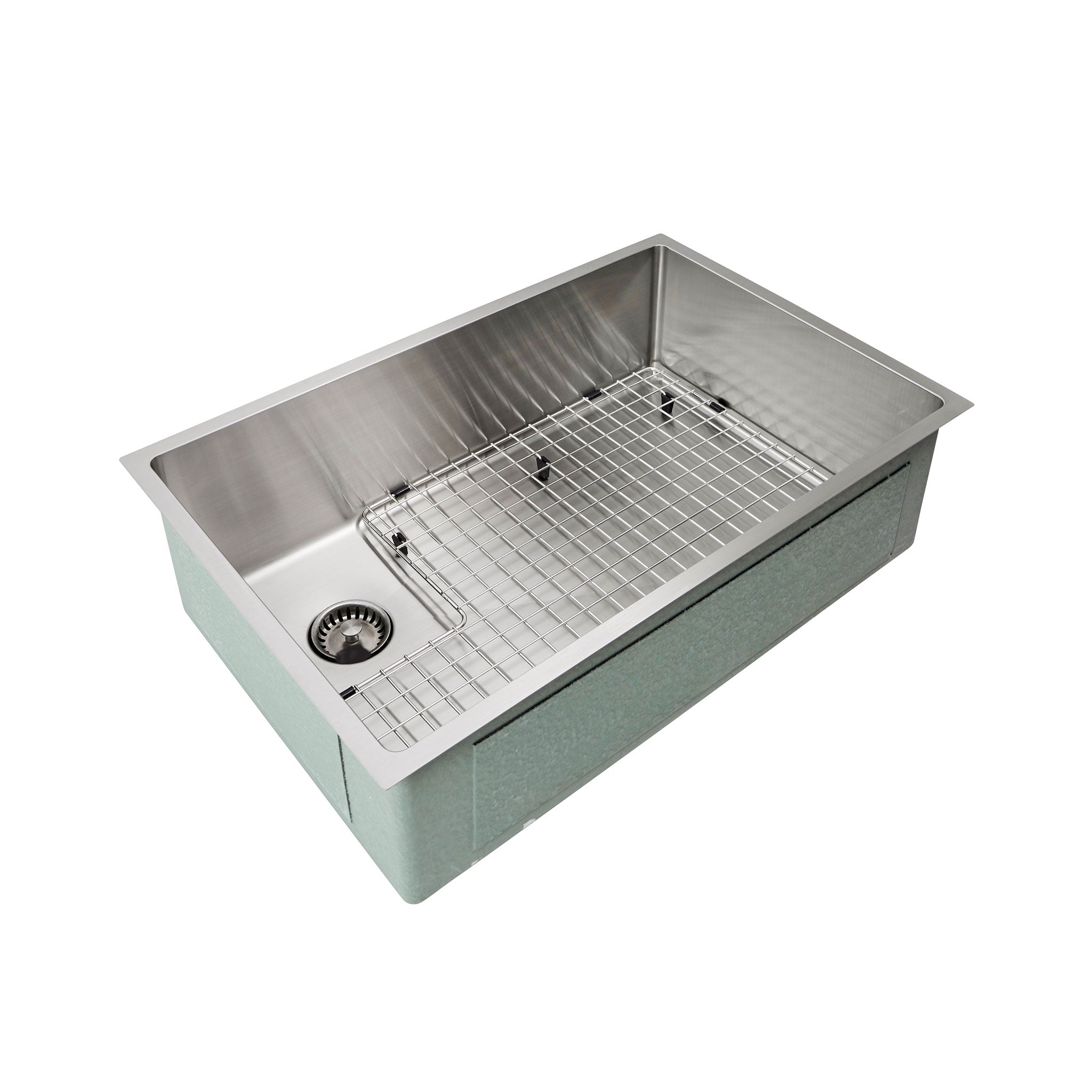 28" Stainless Steel Undermount Kitchen Sink with a matching basin grid and seamless drain.