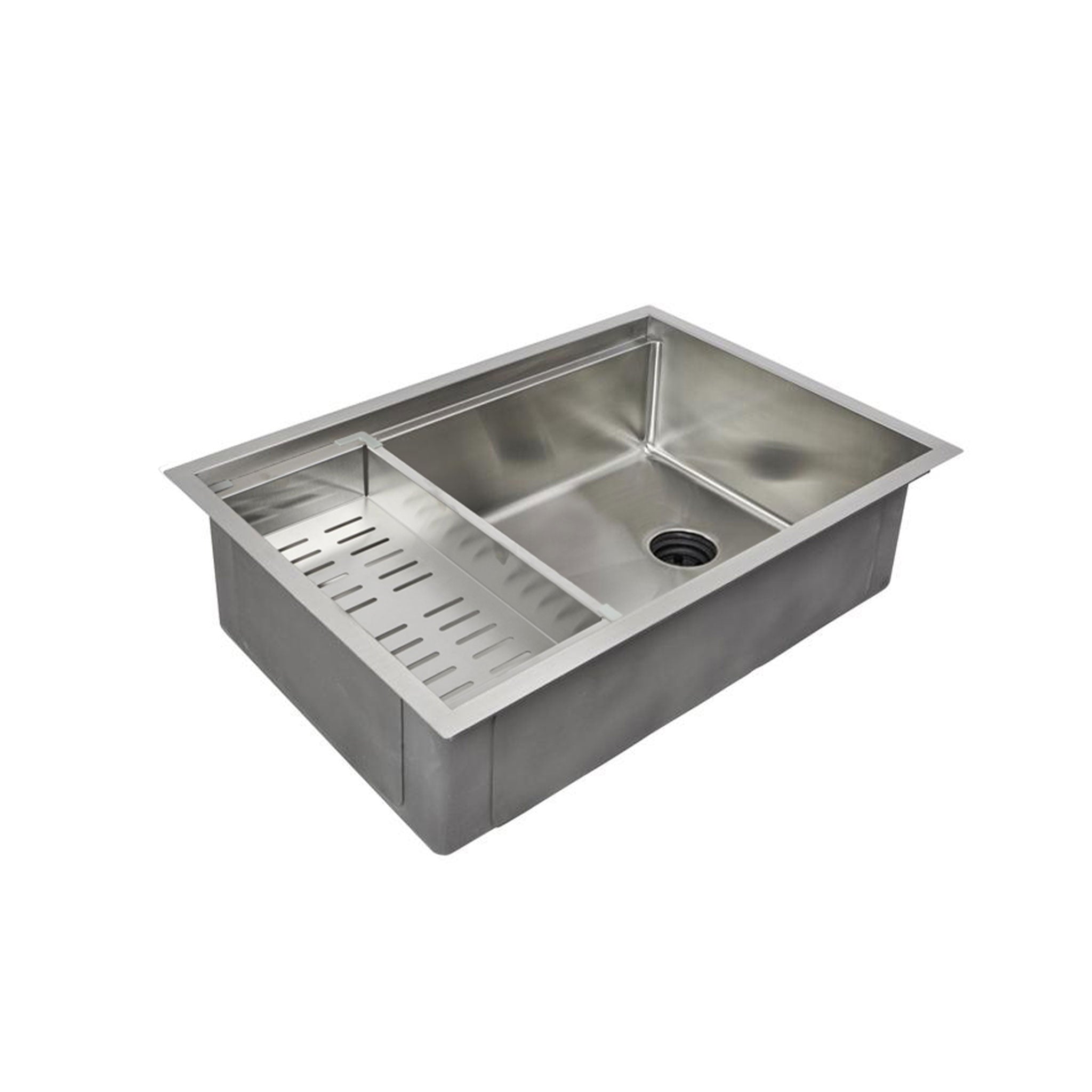 33" reversible workstation undermount stainless steel sink with reversible, offset drain, 1/2" Radius and single Bowl Sinks.