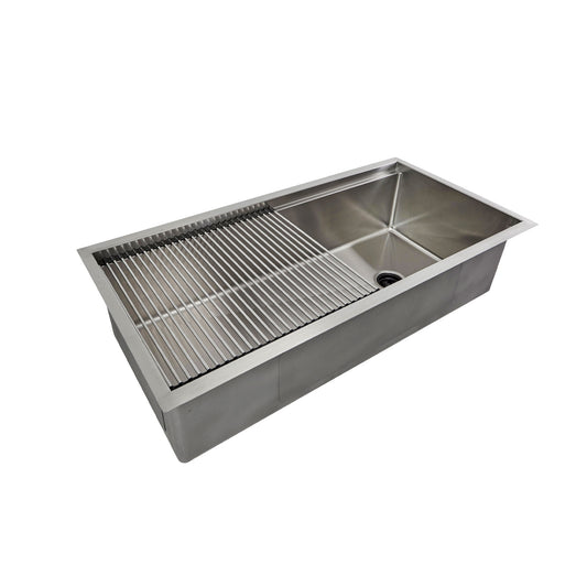 oversized stainless steel workstation, undermount sink, cutting board, dual tier option, sliding sink accessories, multiple users,