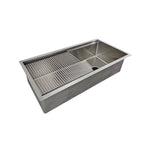 40-inch stainless steel workstation kitchen sink with a roll-up drying rack, featuring a single bowl and reversible offset drain design.