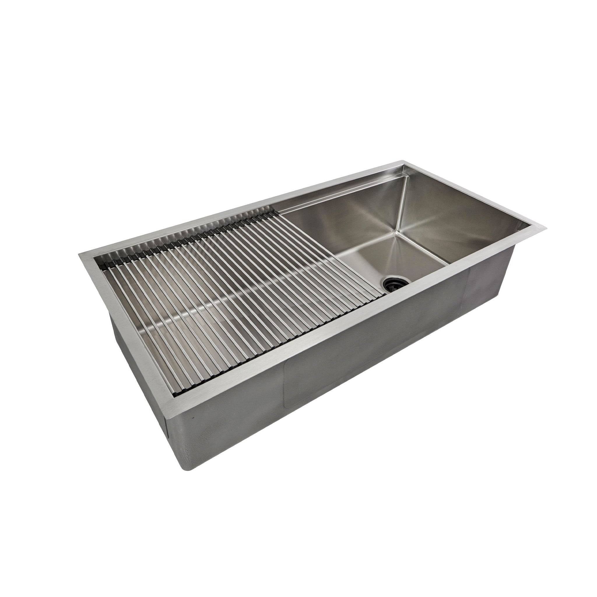 40-inch stainless steel workstation kitchen sink with a roll-up drying rack, featuring a single bowl and reversible offset drain design.