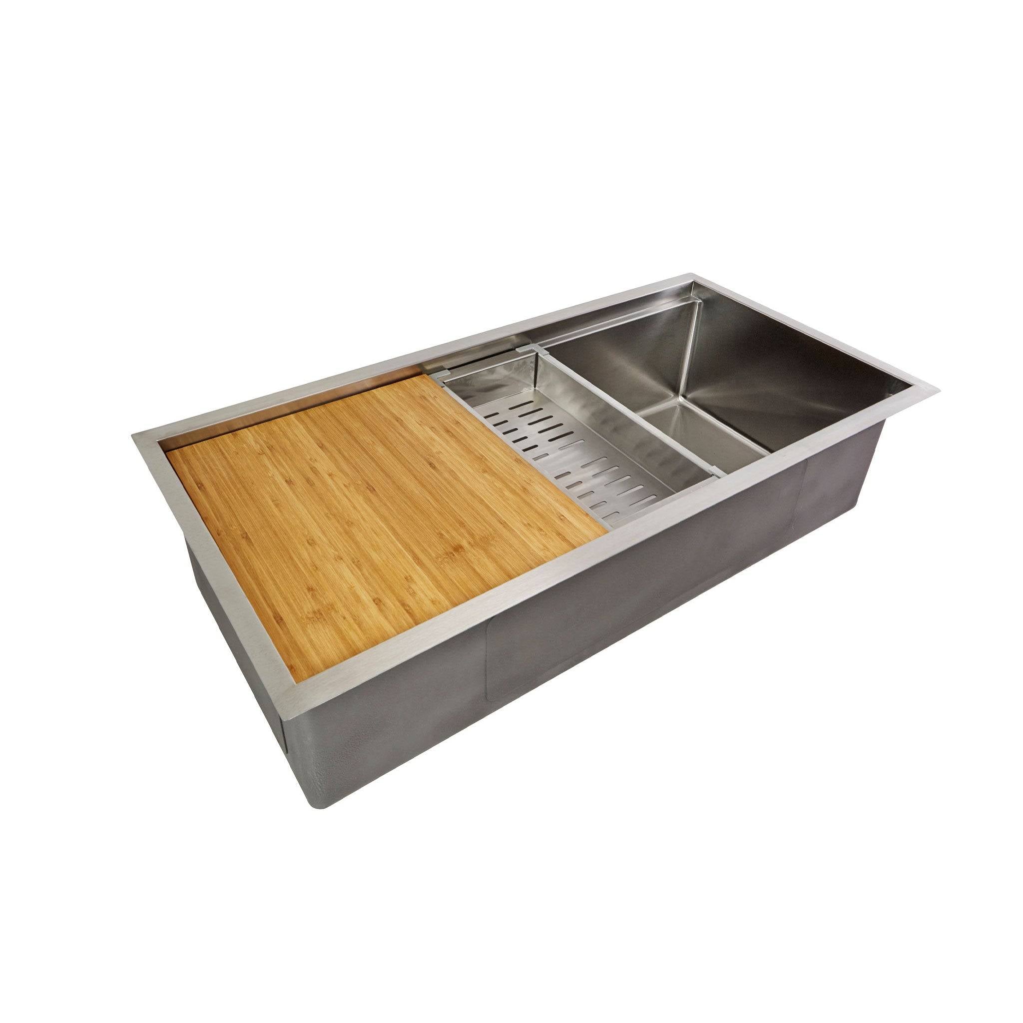 40-inch workstation kitchen sink with a bamboo cutting board and stainless steel colander, designed for efficient meal preparation.