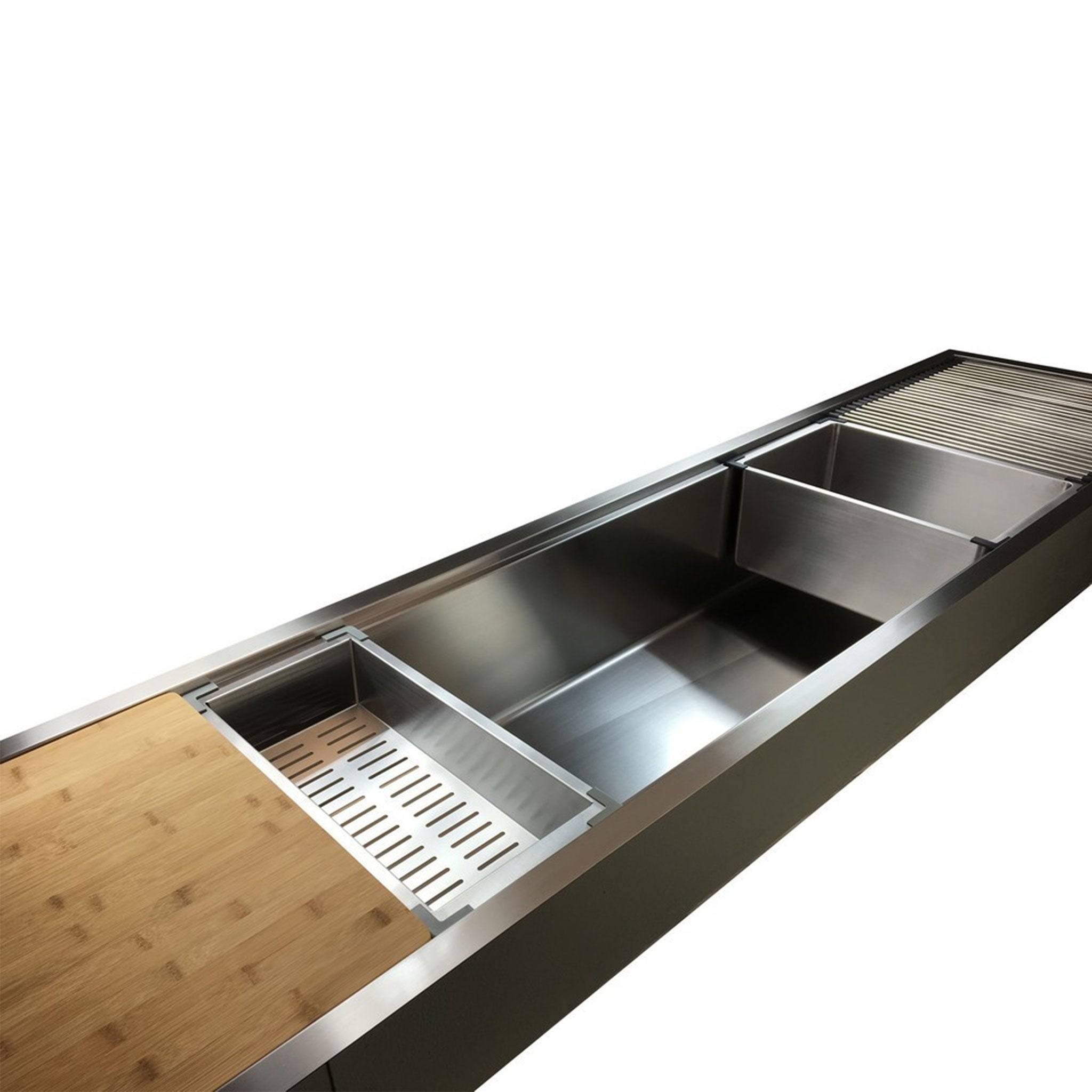 Stainless steel 81-inch workstation kitchen sink with integrated accessories, including a bamboo cutting board and drying rack for enhanced functionality.