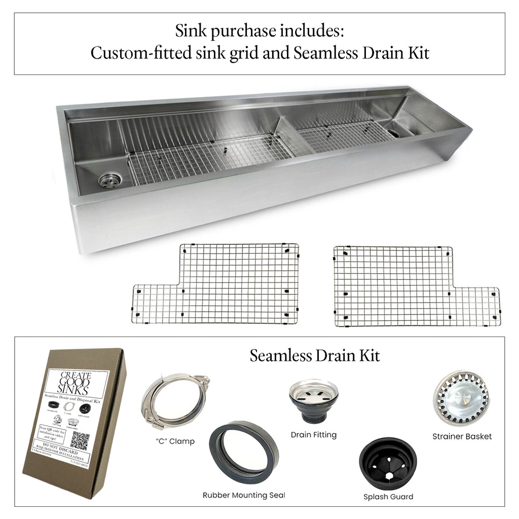 Large 84-inch farmhouse sink with stainless steel grids, featuring an apron front design and double bowl configuration for enhanced functionality.