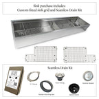 Large 84-inch farmhouse sink with stainless steel grids, featuring an apron front design and double bowl configuration for enhanced functionality.