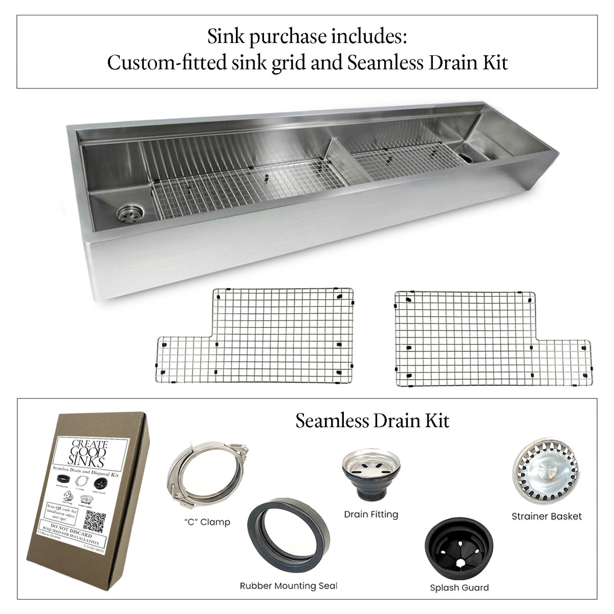 Large 84-inch farmhouse sink with stainless steel grids, featuring an apron front design and double bowl configuration for enhanced functionality.