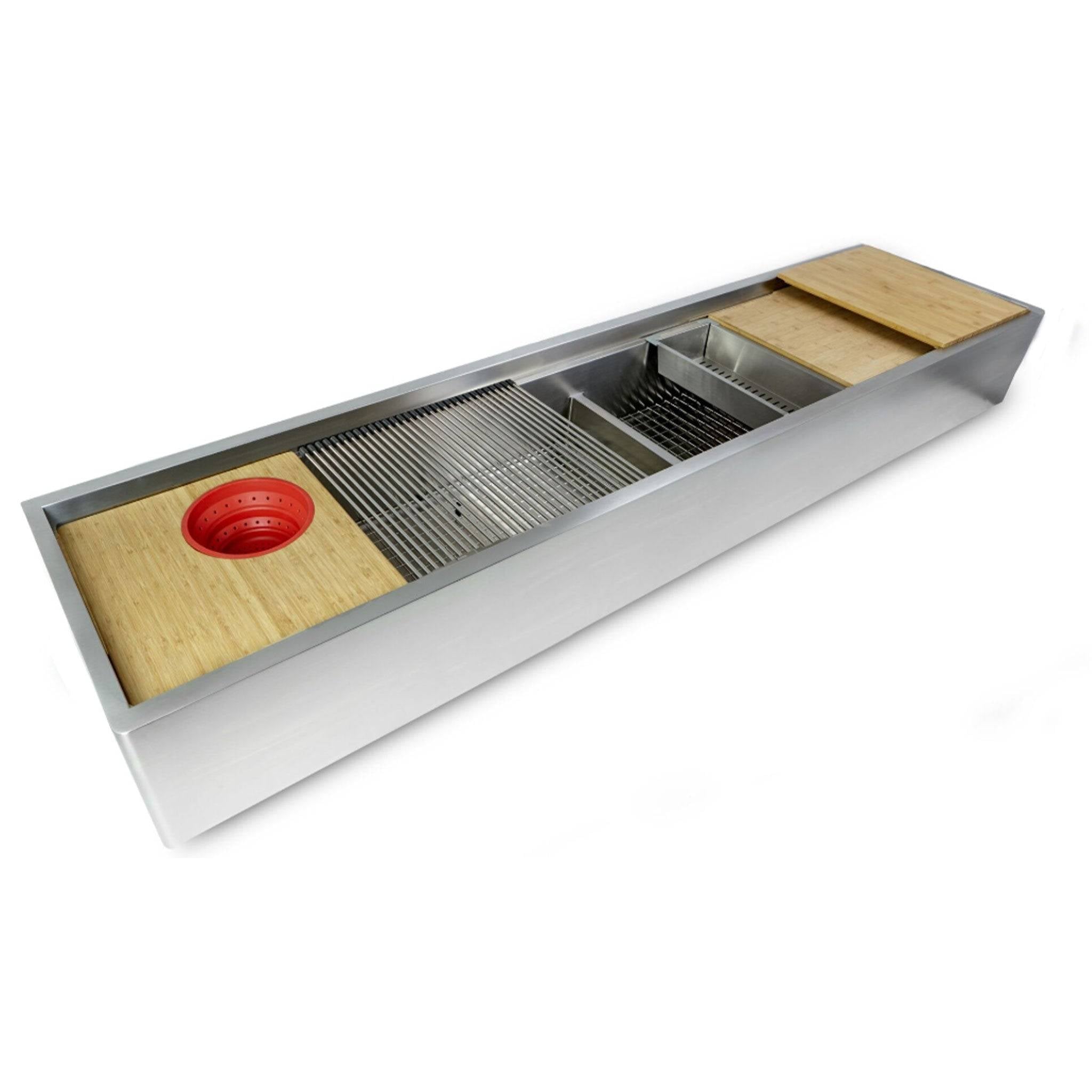 84-inch stainless steel workstation sink with bamboo cutting boards, stainless steel grids, and integrated accessories for versatile kitchen use.