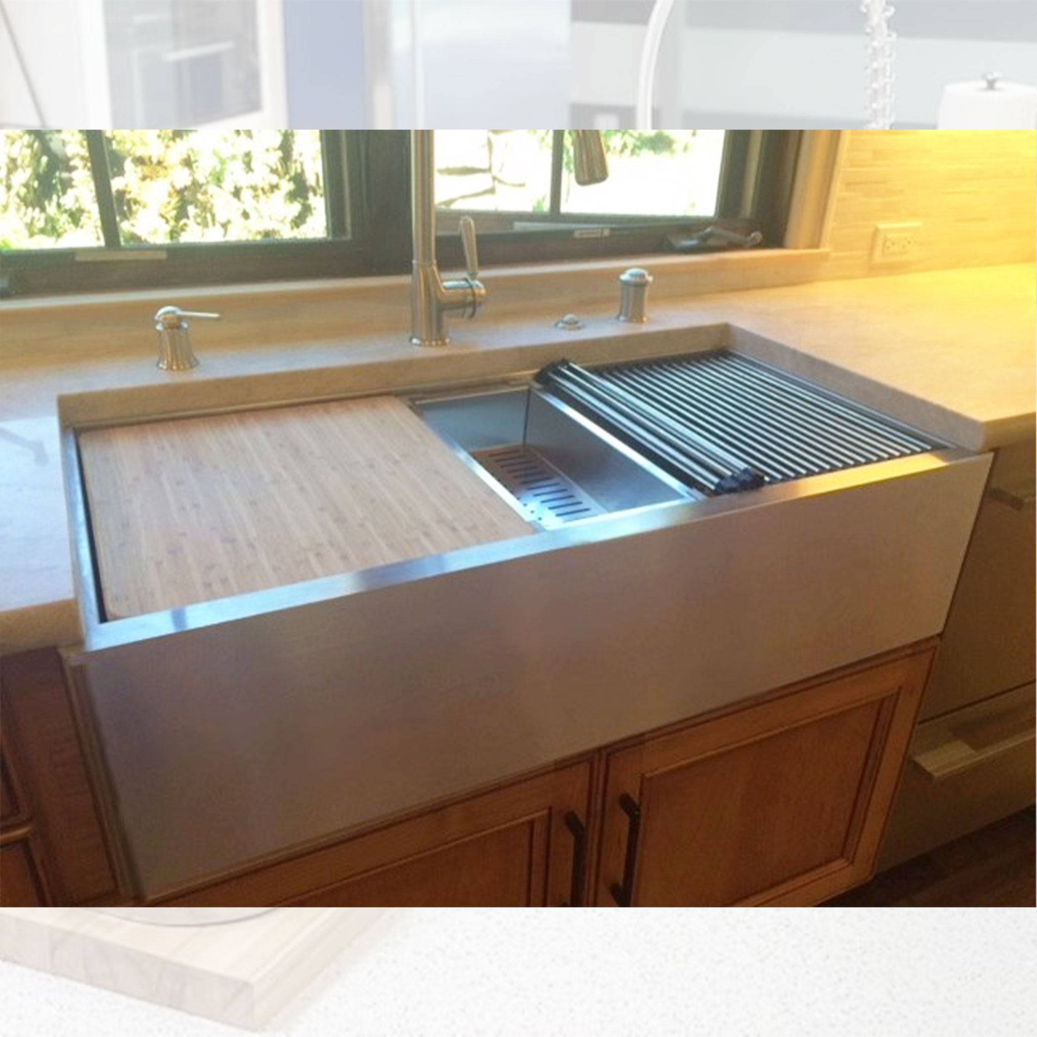 39 inch apron front workstation sink with ledge accessories installed in a kitchen