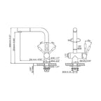 Technical drawing of the Ardell Stainless Steel Kitchen Faucet, detailing its dimensions, angles, and installation specifications.