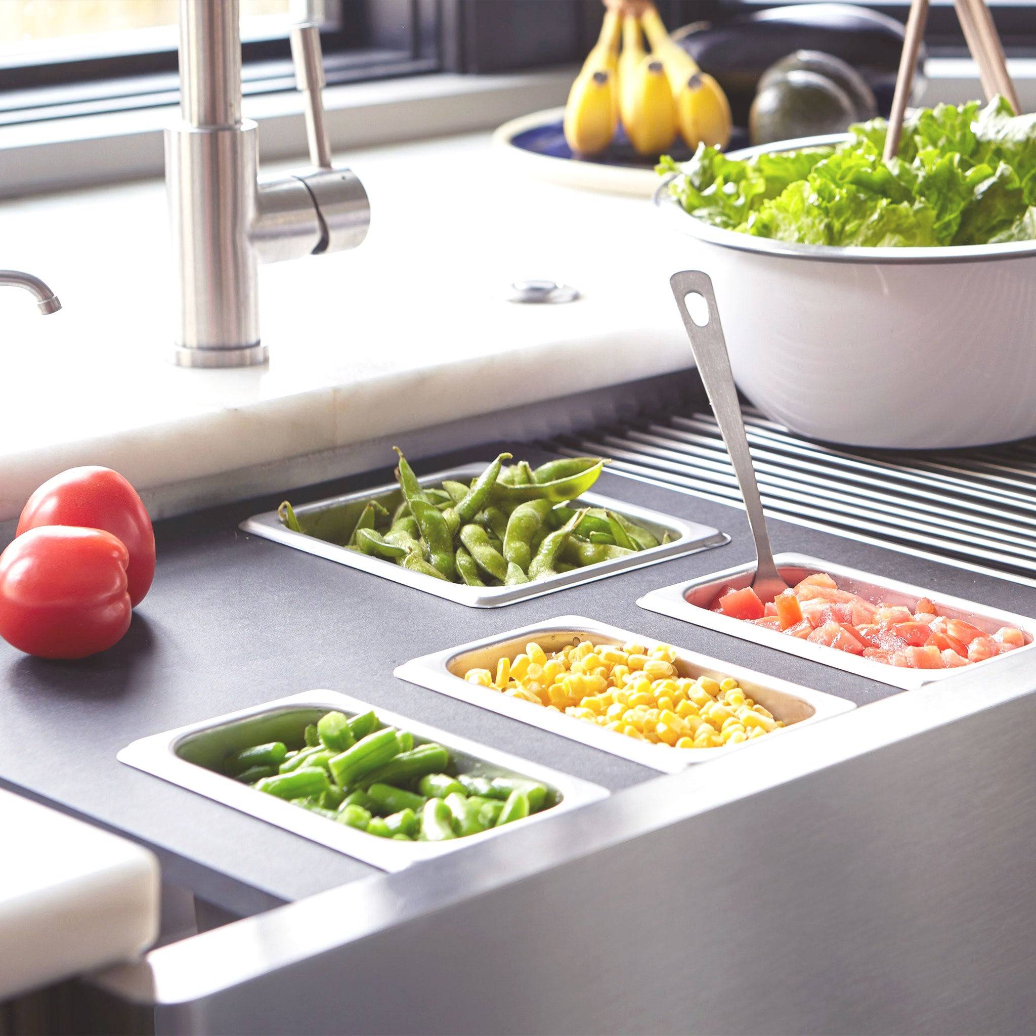 How to use the black, 4 bowl serving board from Create Good Sinks.