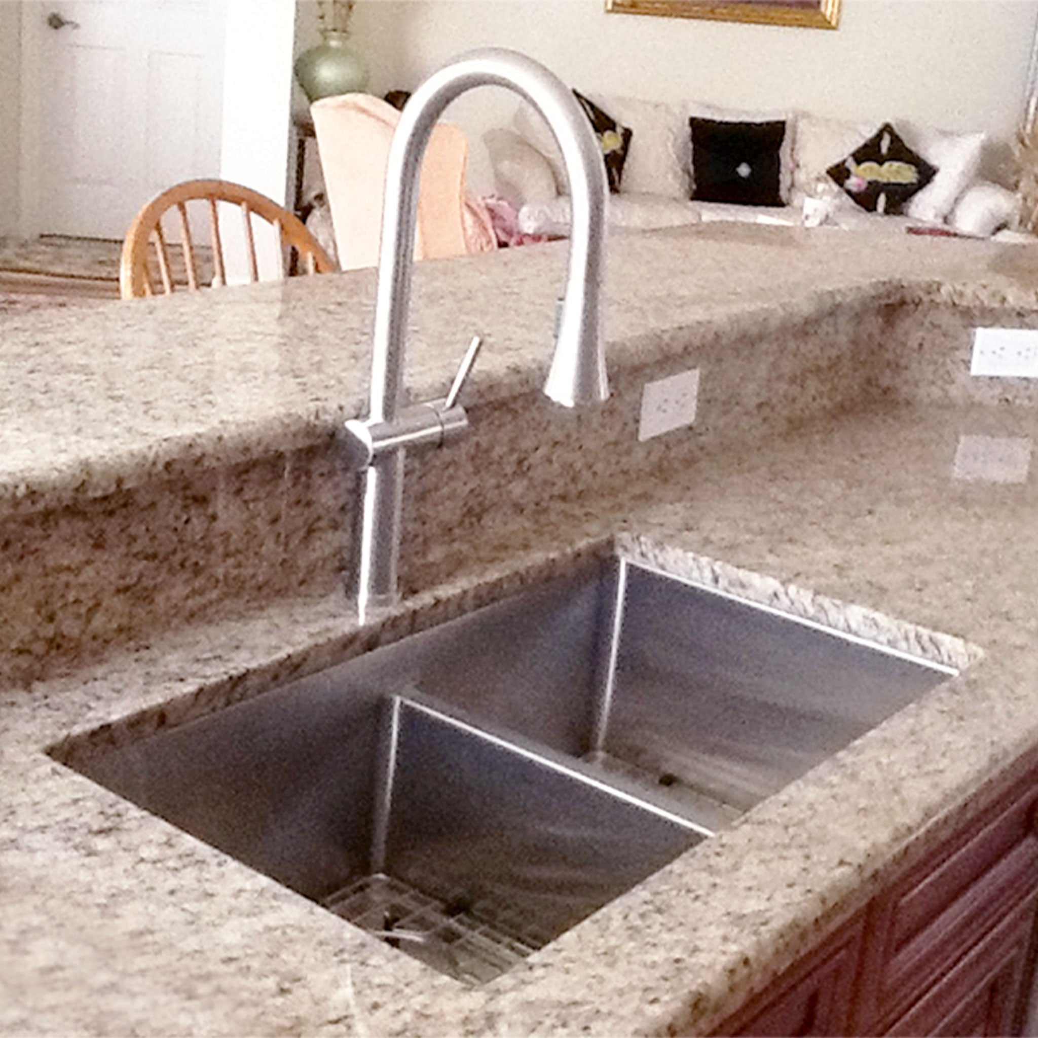 Photo submission from a client of a double-basin stainless steel classic kitchen sink with a low divide.