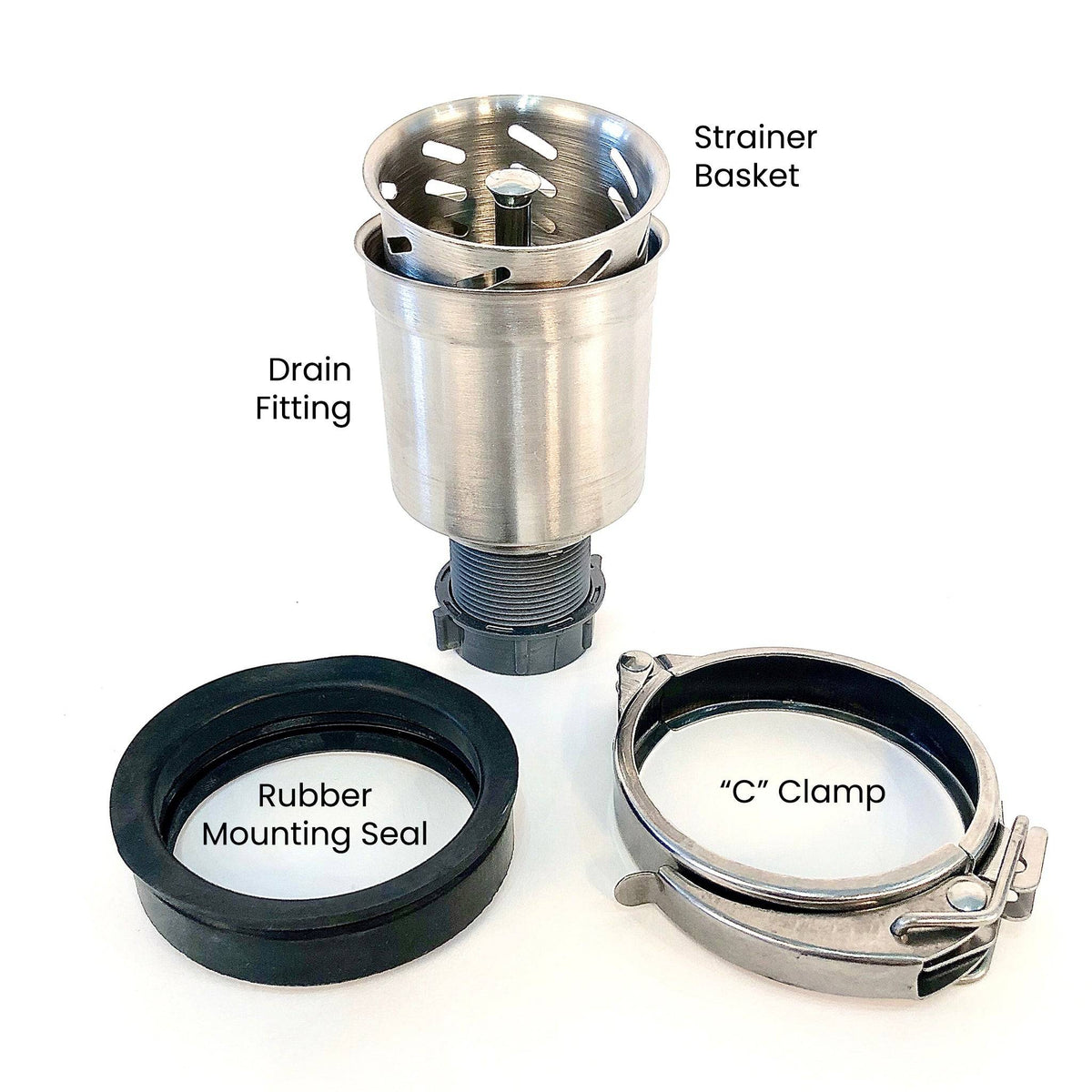 Seamless Composting Deep Drain Kit components, including strainer basket, drain fitting, rubber mounting seal, and 'C' clamp for secure installation.