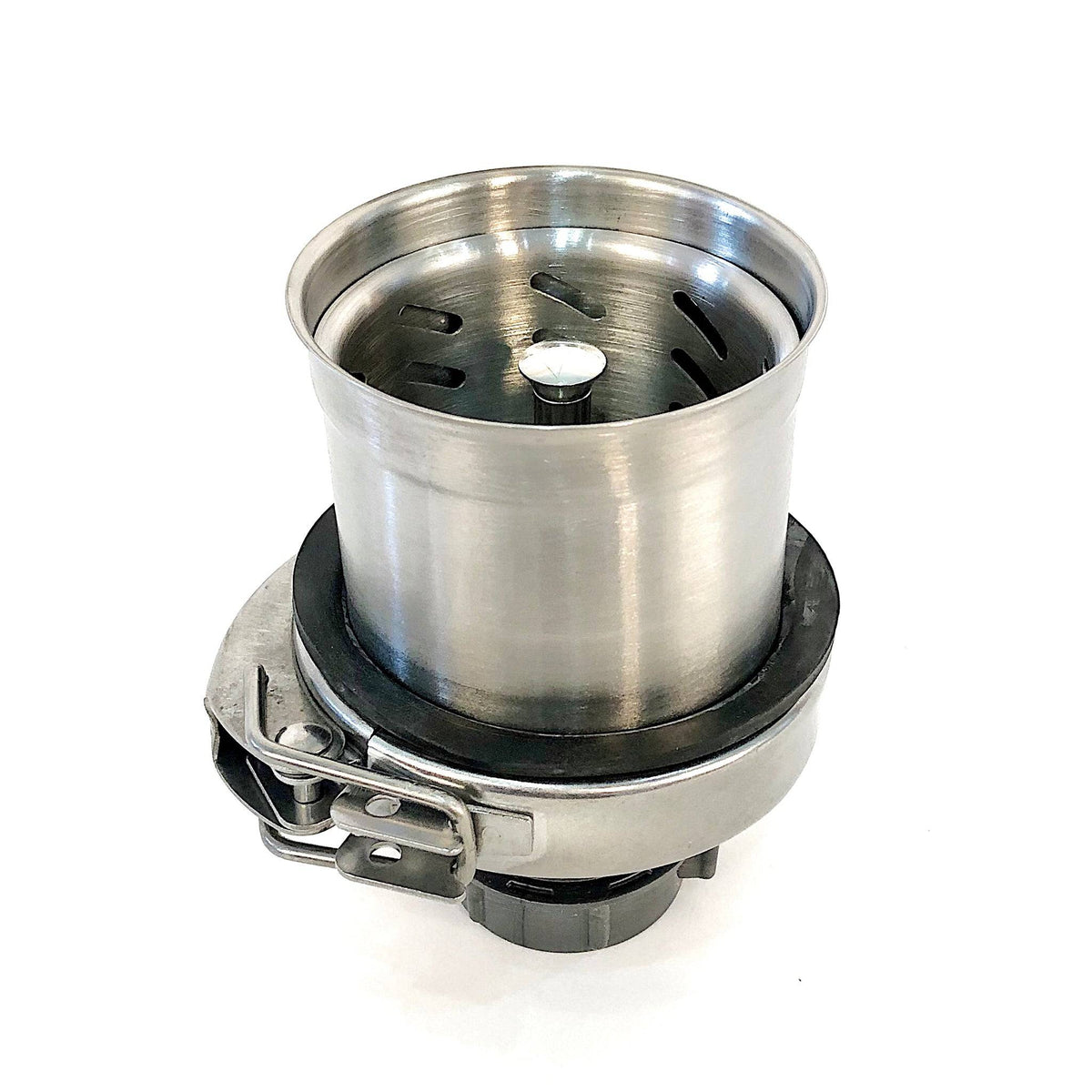 Fully assembled Seamless Composting Deep Drain Kit with stainless steel strainer basket, rubber seal, and secure clamp for efficient drainage.
