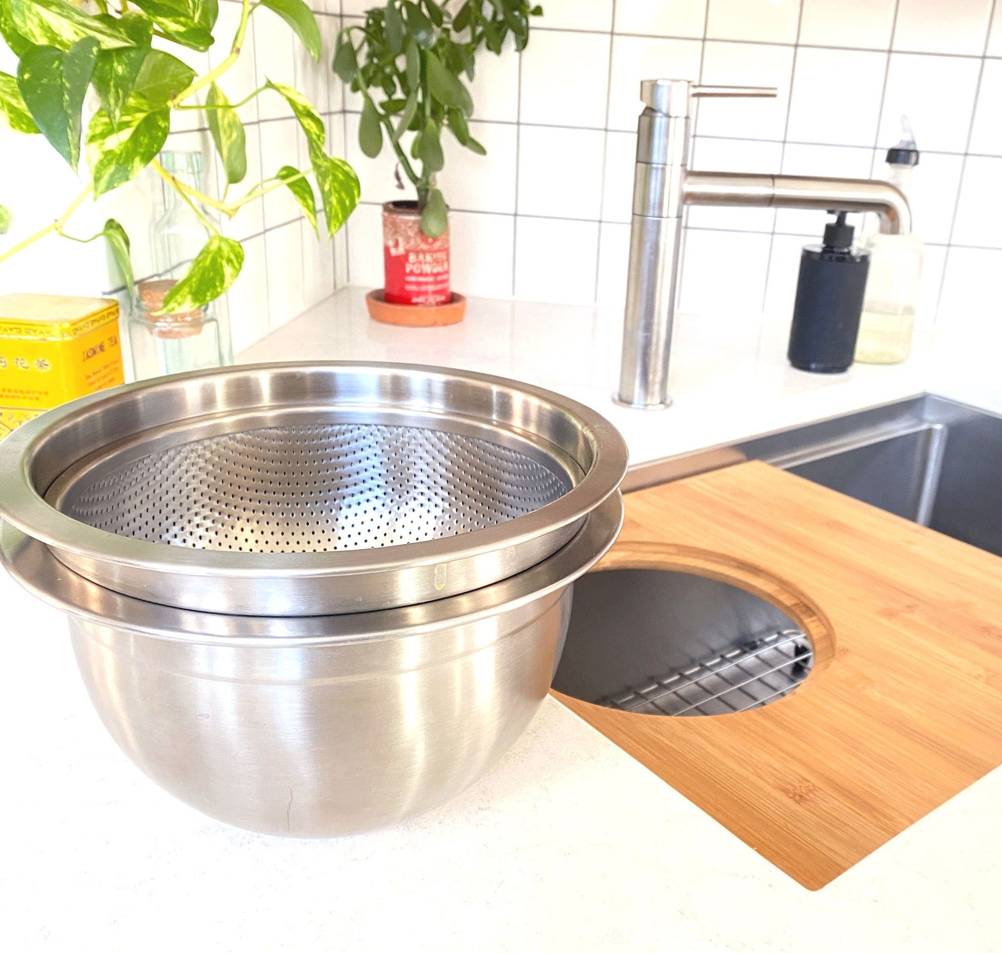 Products Workstation Sink Accessory - 18" Bamboo Cutting Board with 11" Stainless Steel Colander and Mixing Bowl