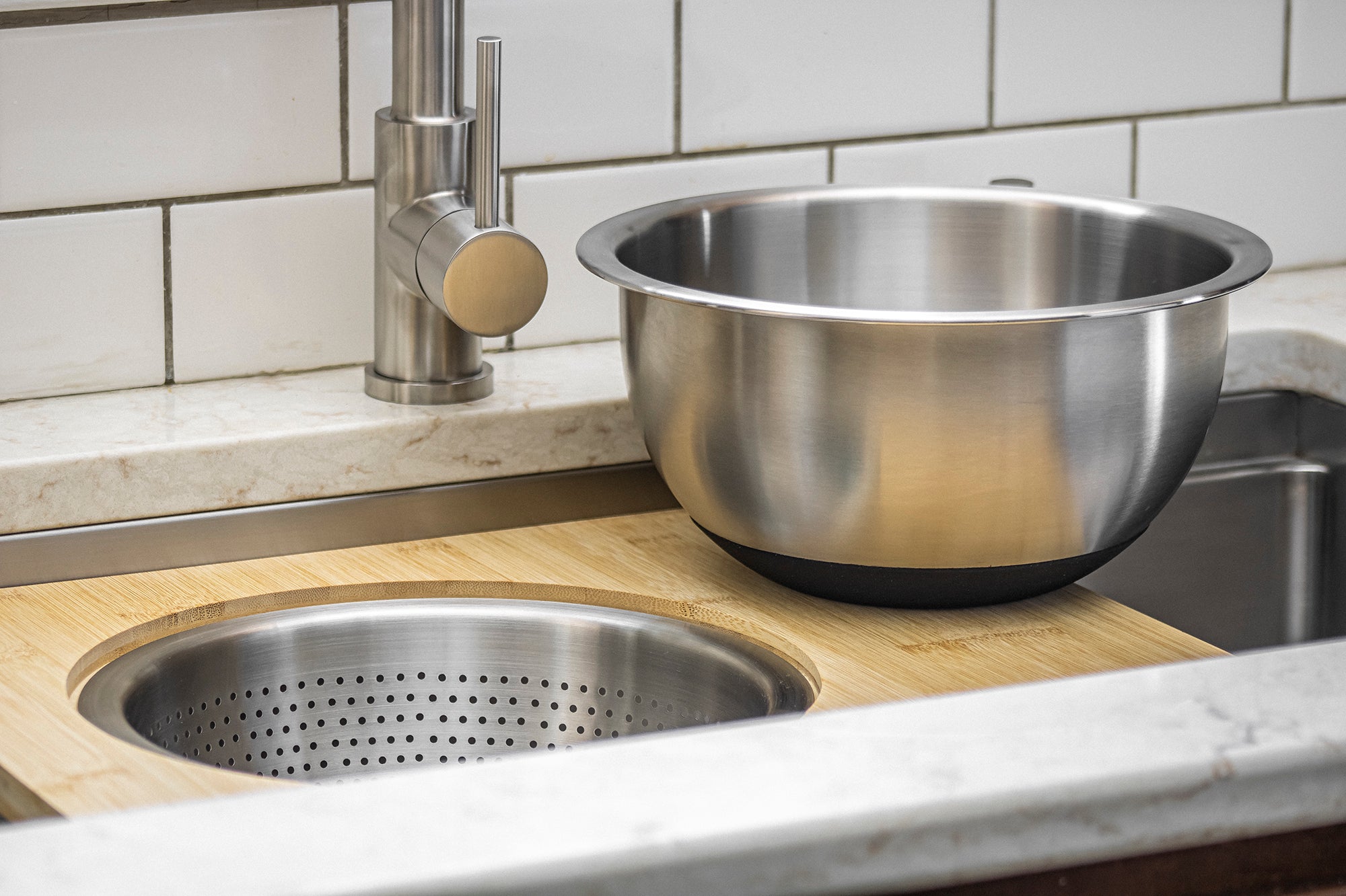 Products Workstation Sink Accessory - 18" Bamboo Cutting Board with 11" Stainless Steel Colander and Mixing Bowl