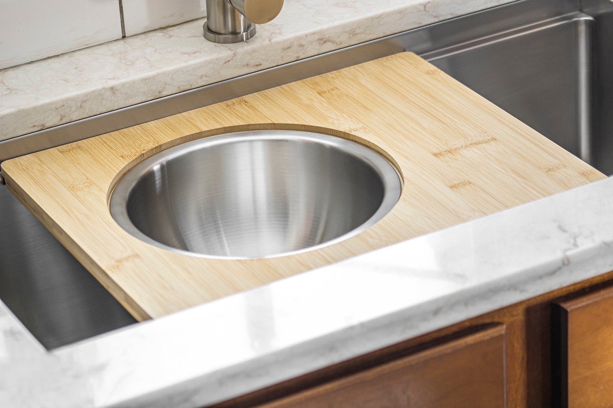 Workstation Sink Accessory - 18" Bamboo Cutting Board with 11" Stainless Steel Colander and Mixing Bowl