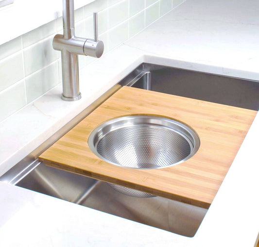 Workstation Sink Accessory - 18" Bamboo Cutting Board with 11" Stainless Steel Colander and Mixing Bowl