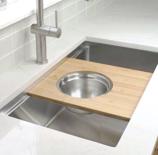 Workstation Sink Accessory - 15" Bamboo Cutting Board with 9" Stainless Steel Colander and Mixing Bowl Set