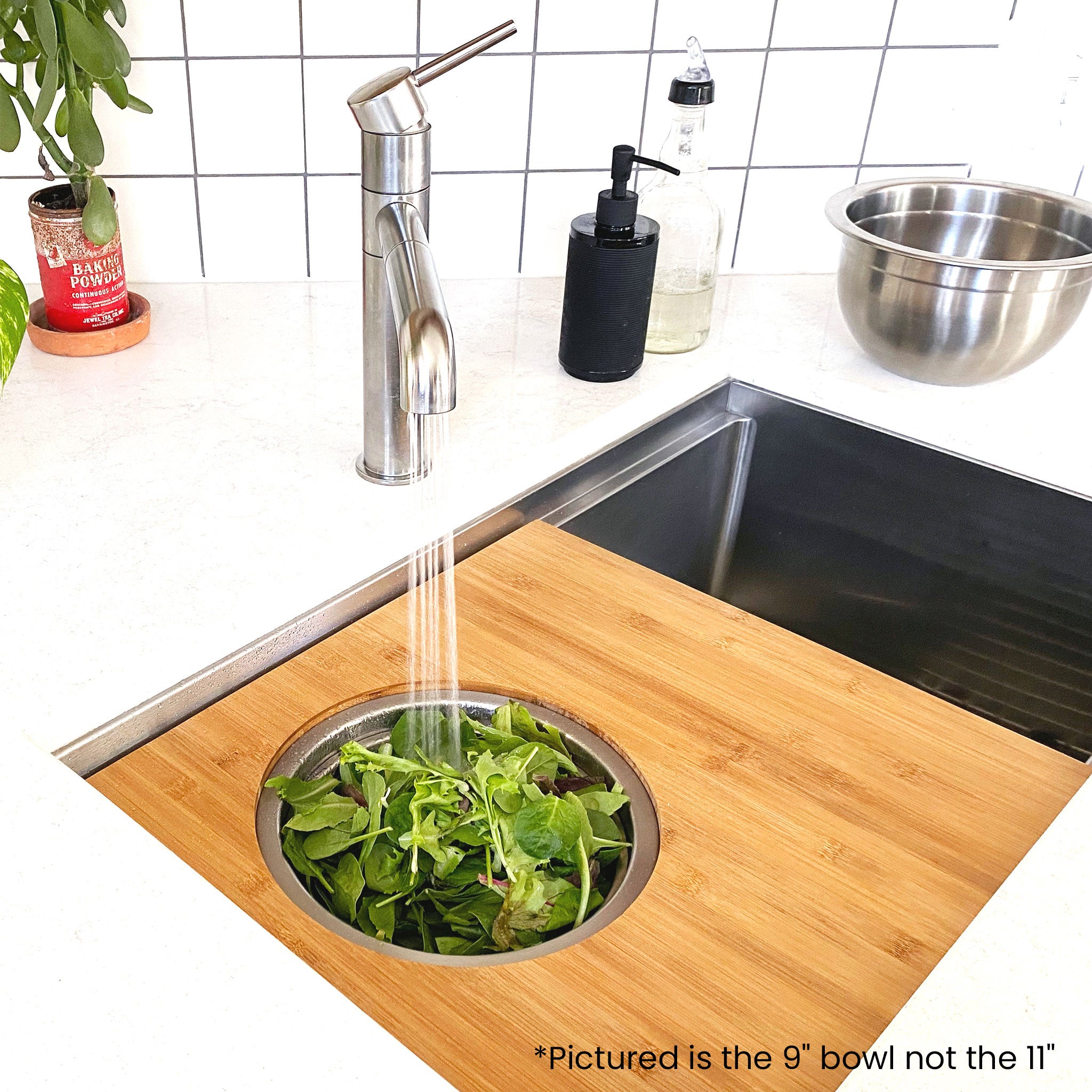 Workstation Sink Accessory - 18" Bamboo Cutting Board with 11" Stainless Steel Colander and Mixing Bowl