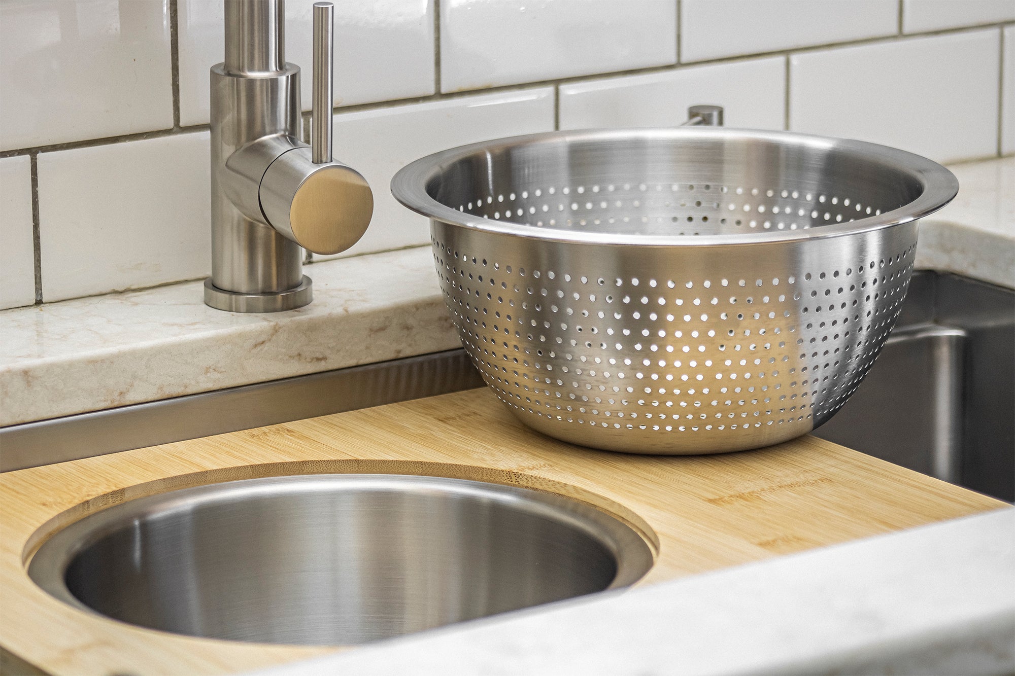Workstation Sink Accessory - 18" Bamboo Cutting Board with 11" Stainless Steel Colander and Mixing Bowl