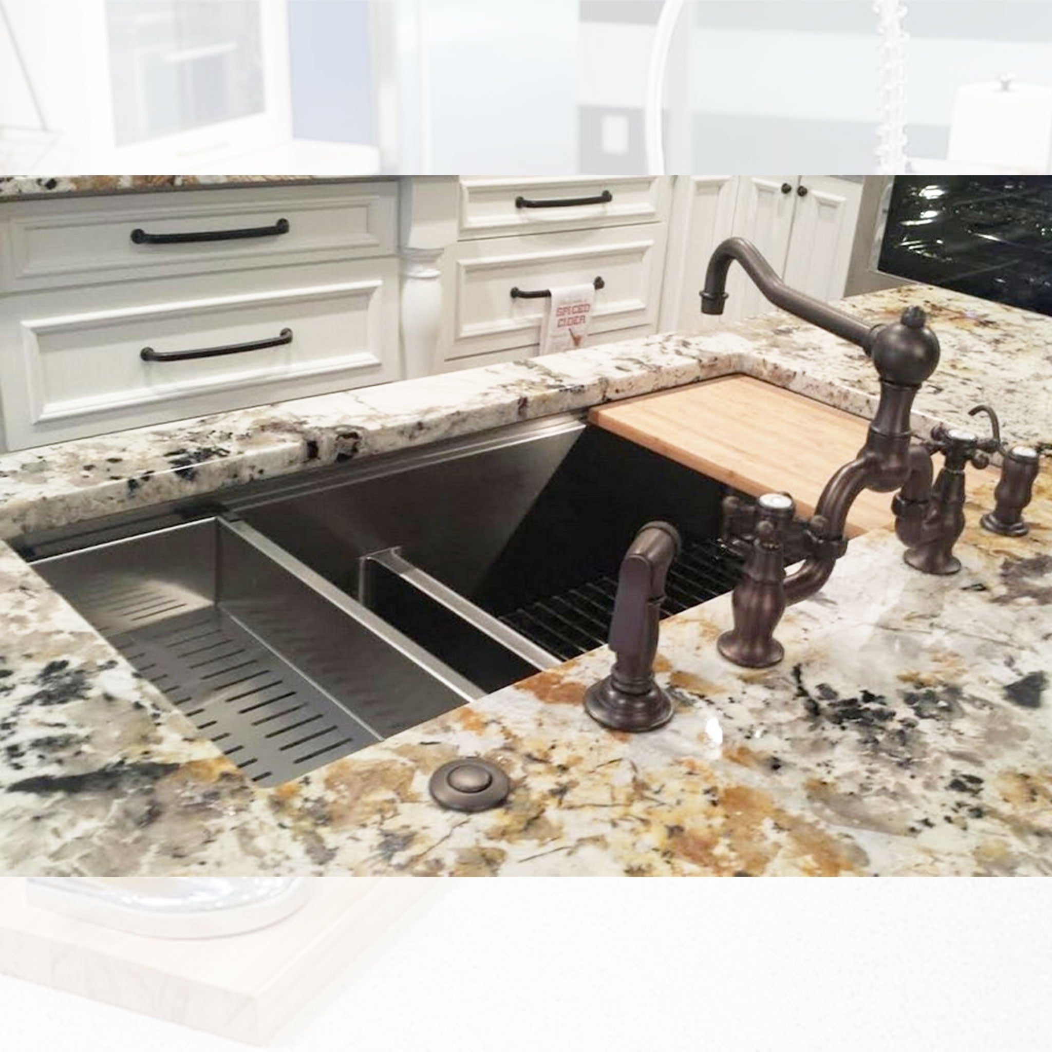 Overhead client photo of a 39” Double Workstation Sink and accessories from Create Good Sinks