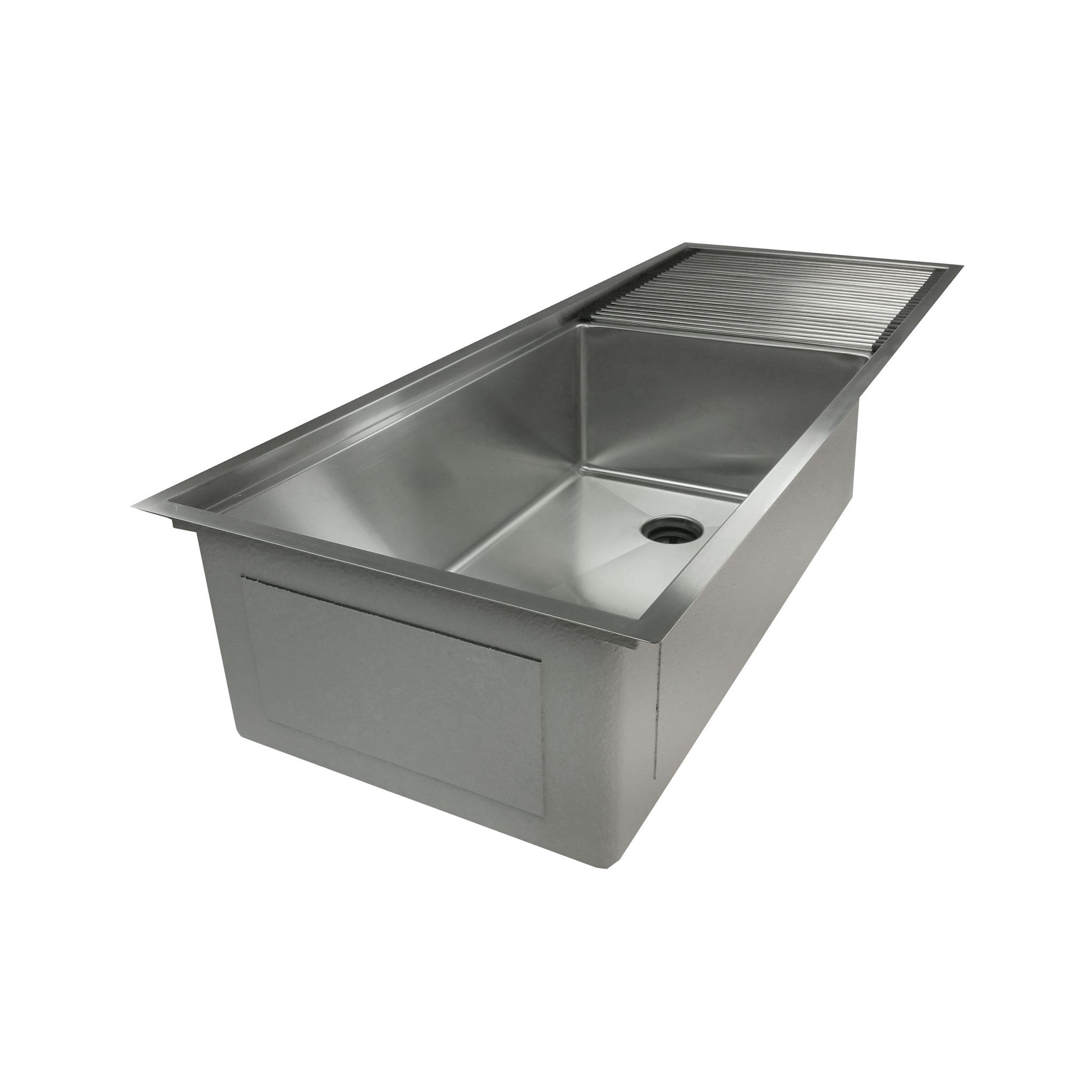 Undermount workstation kitchen sink with drainboard and center drain off to the side.