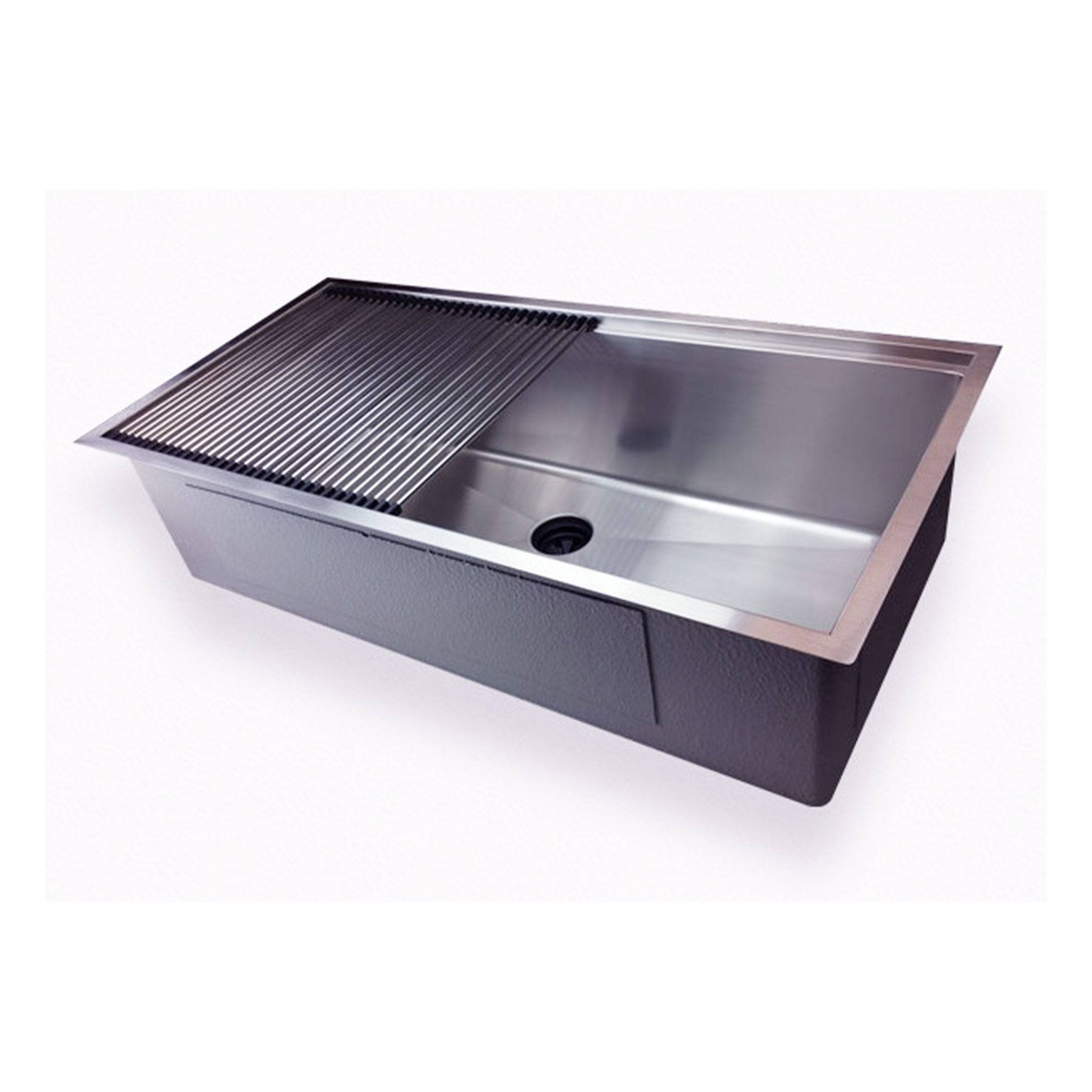 38-inch stainless steel undermount kitchen sink with integrated ledge and roll-up drying rack. Features a center drain for efficient water flow.