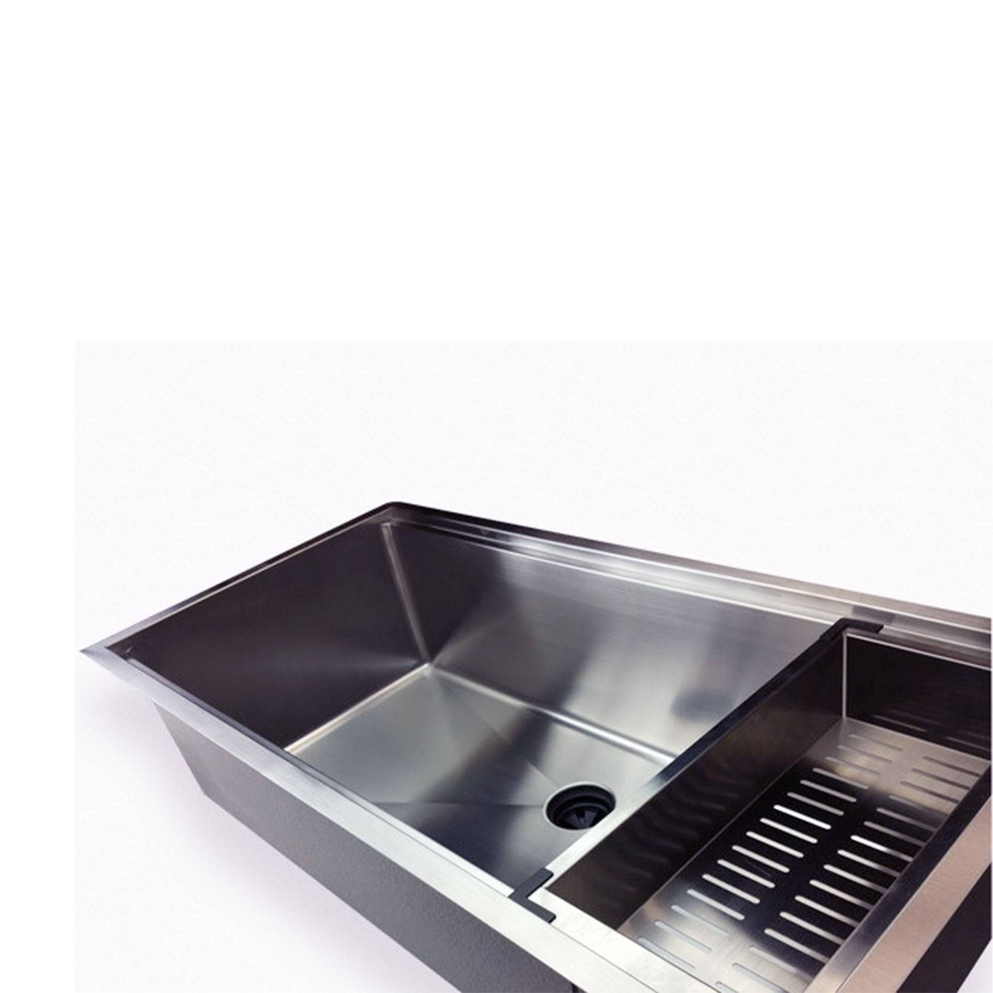 Stainless steel undermount kitchen sink with integrated ledge and perforated drying tray. 38-inch size with center drain for optimized workflow.