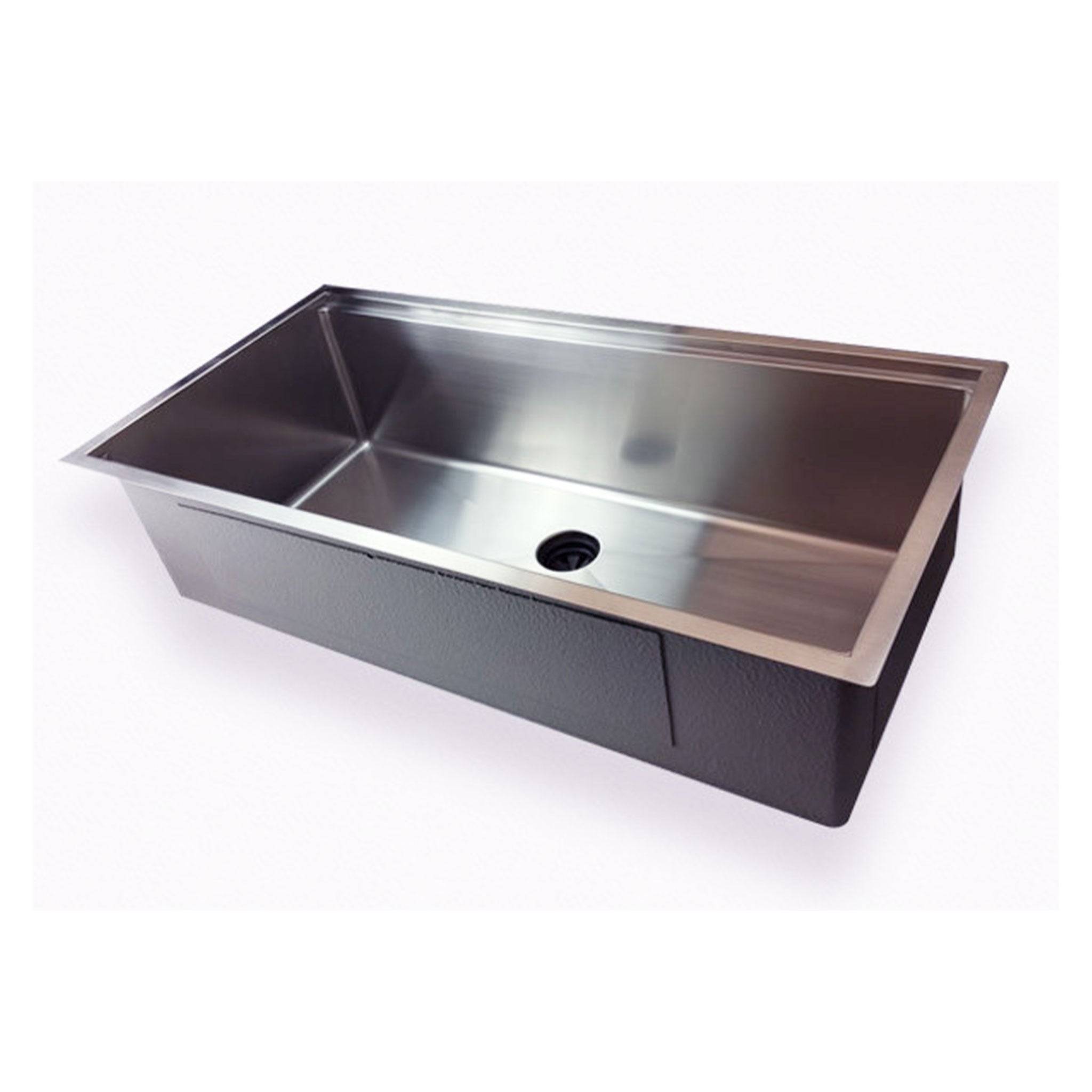 Modern 38-inch stainless steel undermount kitchen sink with integrated ledge. Designed for seamless installation and enhanced kitchen functionality.